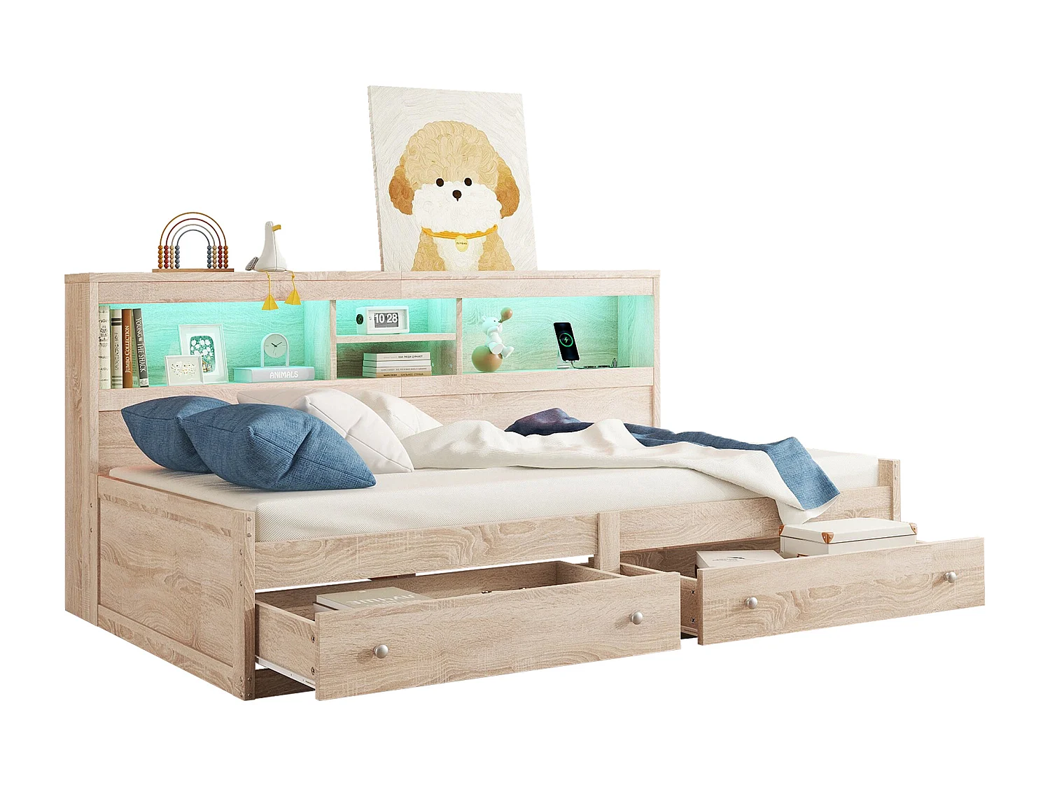 Lit 90 x 200 cm avec 2 tiroirs, étagères de rangement et 2 prises USB - Panneau de particules - LEDs - Naturel (sans matelas)