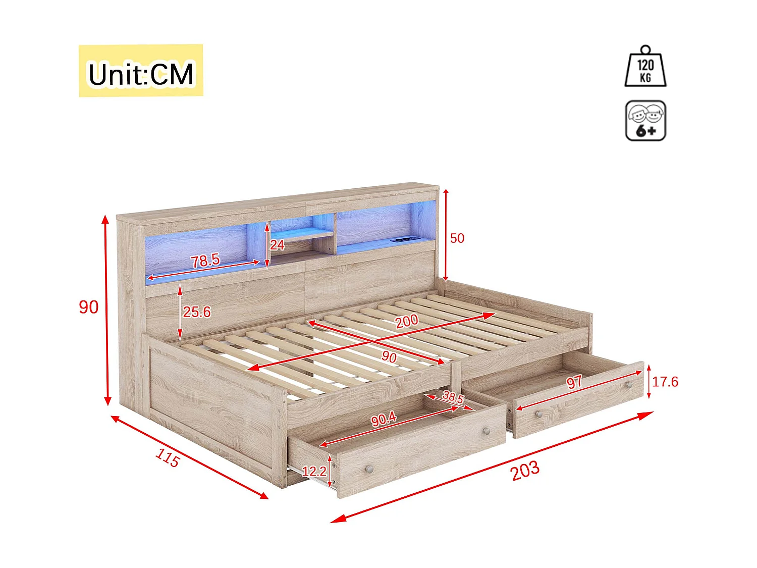 Lit 90 x 200 cm avec 2 tiroirs, étagères de rangement et 2 prises USB - Panneau de particules - LEDs - Naturel (sans matelas)