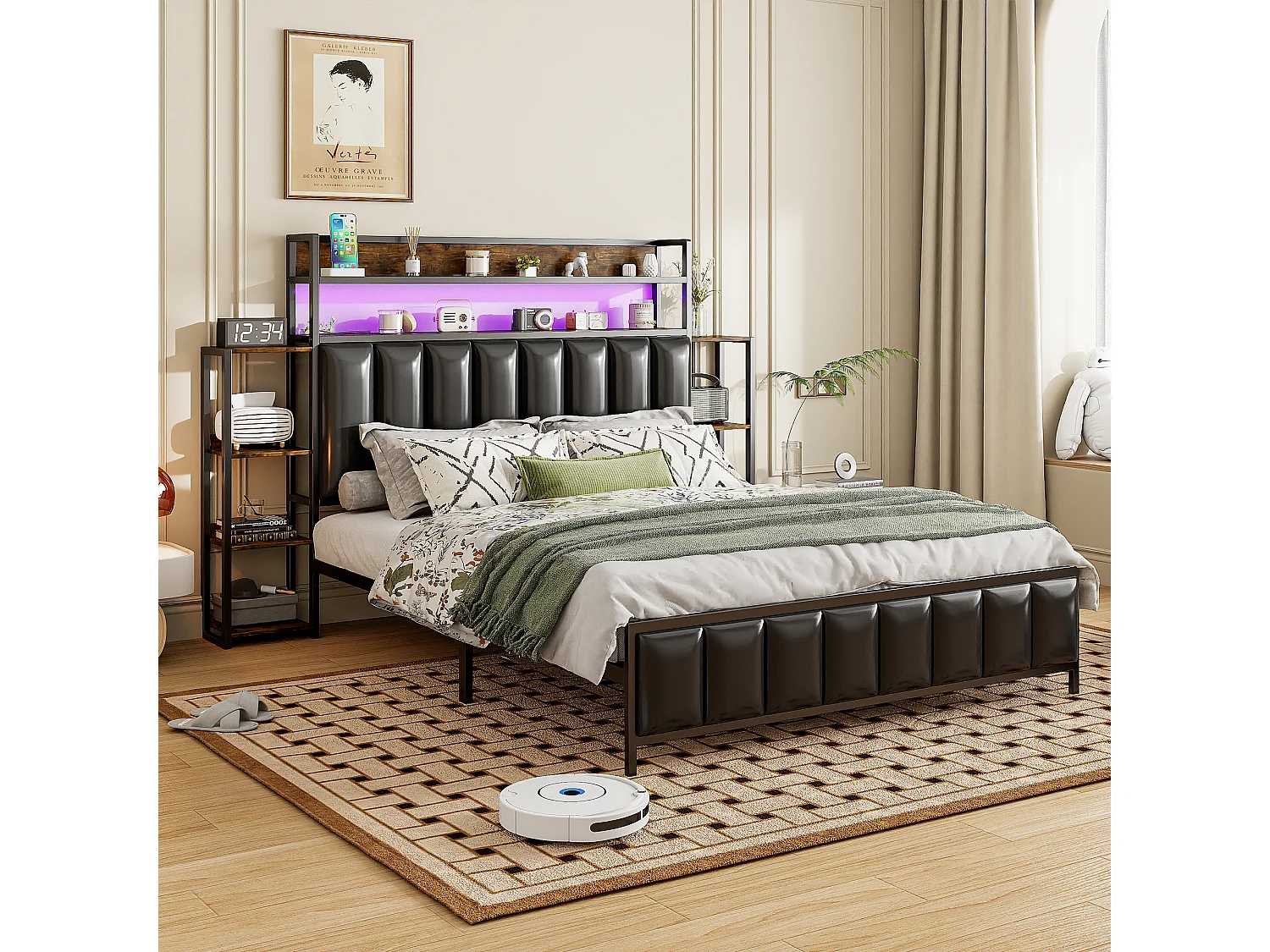 Lit capitonné 140 x 200 cm - Simili cuir et Métal - Tête de lit avec rangements et LEDs - Noir (sans matelas)