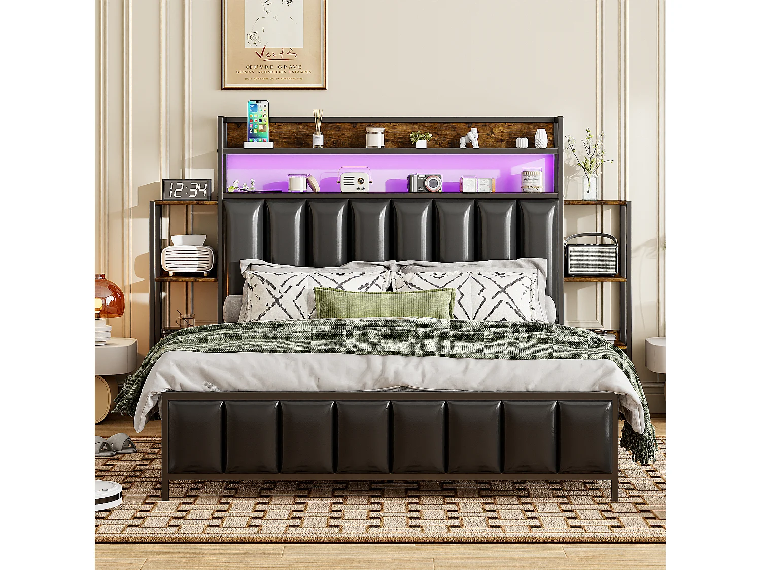 Lit capitonné 140 x 200 cm - Simili cuir et Métal - Tête de lit avec rangements et LEDs - Noir (sans matelas)