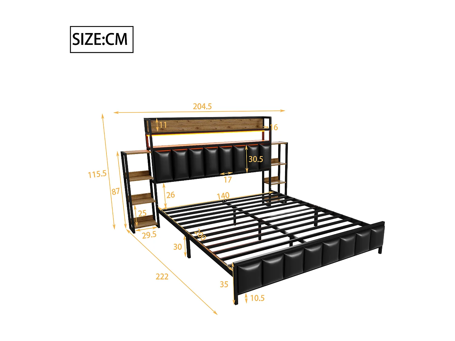 Lit capitonné 140 x 200 cm - Simili cuir et Métal - Tête de lit avec rangements et LEDs - Noir (sans matelas)