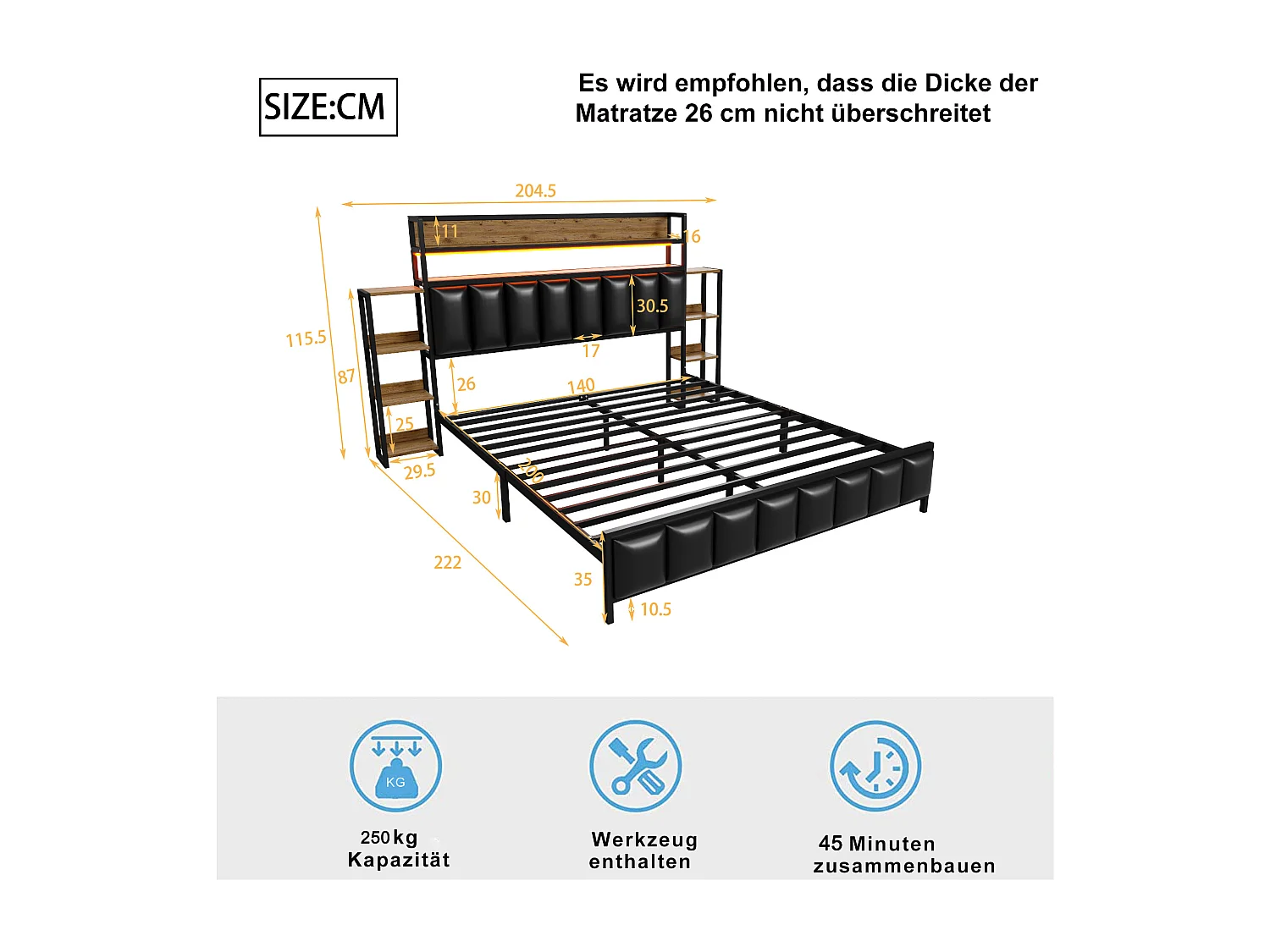 Lit capitonné 140 x 200 cm - Simili cuir et Métal - Tête de lit avec rangements et LEDs - Noir (sans matelas)