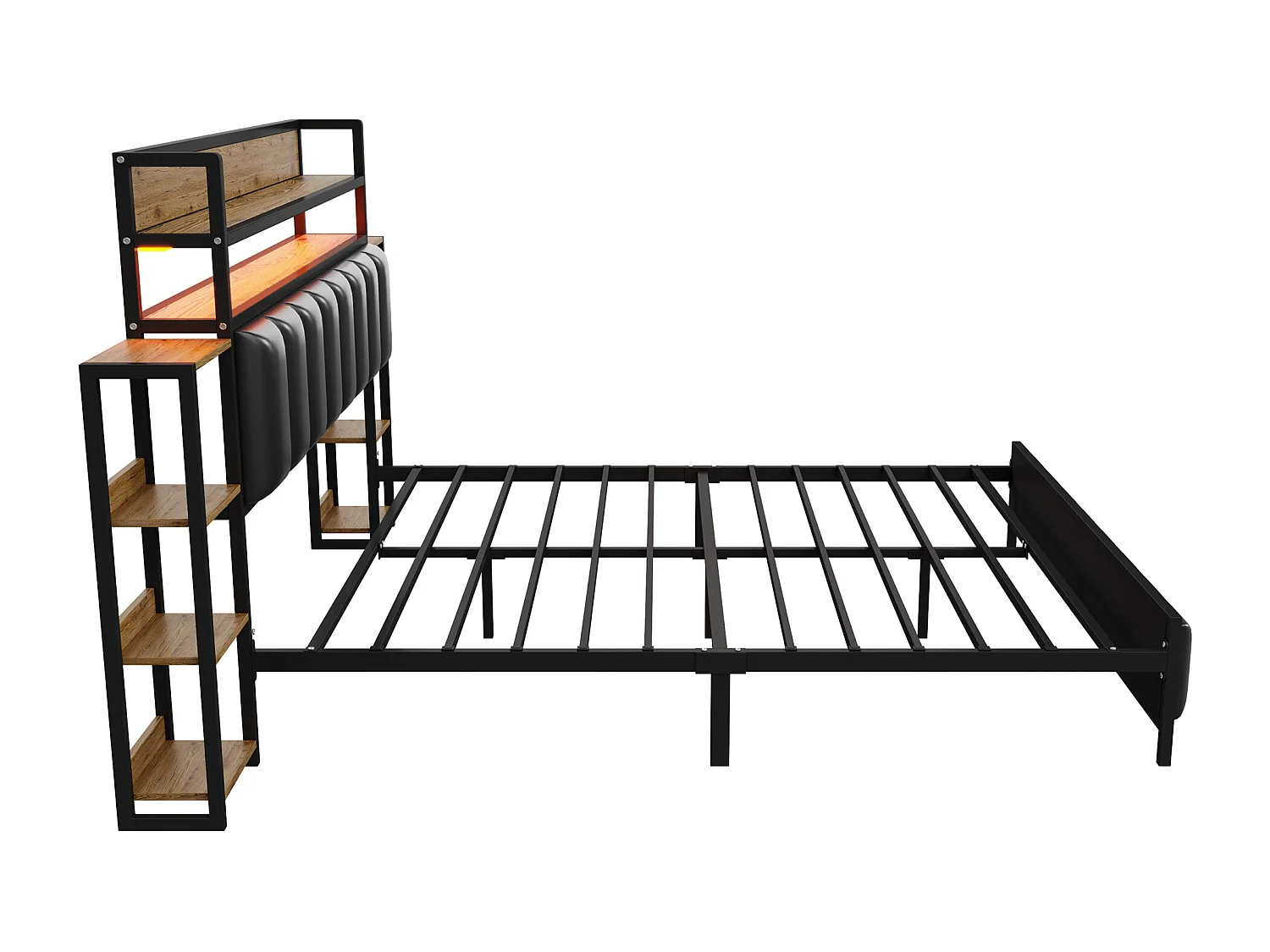 Lit capitonné 140 x 200 cm - Simili cuir et Métal - Tête de lit avec rangements et LEDs - Noir (sans matelas)