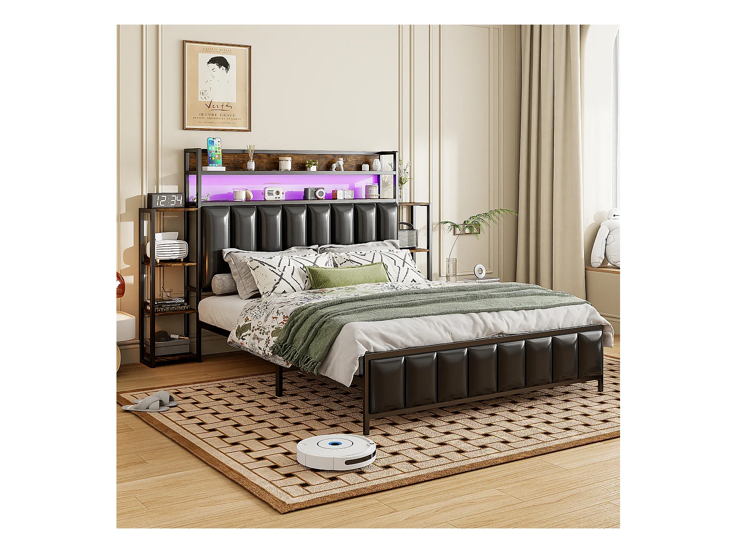 Lit capitonné 140 x 200 cm - Simili cuir et Métal - Tête de lit avec rangements et LEDs - Noir (sans matelas)
