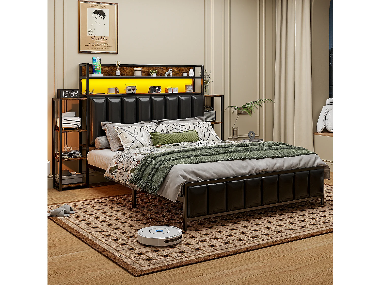 Gestoffeerd bed 140 x 200 cm - Kunstleer en metaal - Hoofdeinde met opbergruimte en LED's - Zwart (zonder matras)