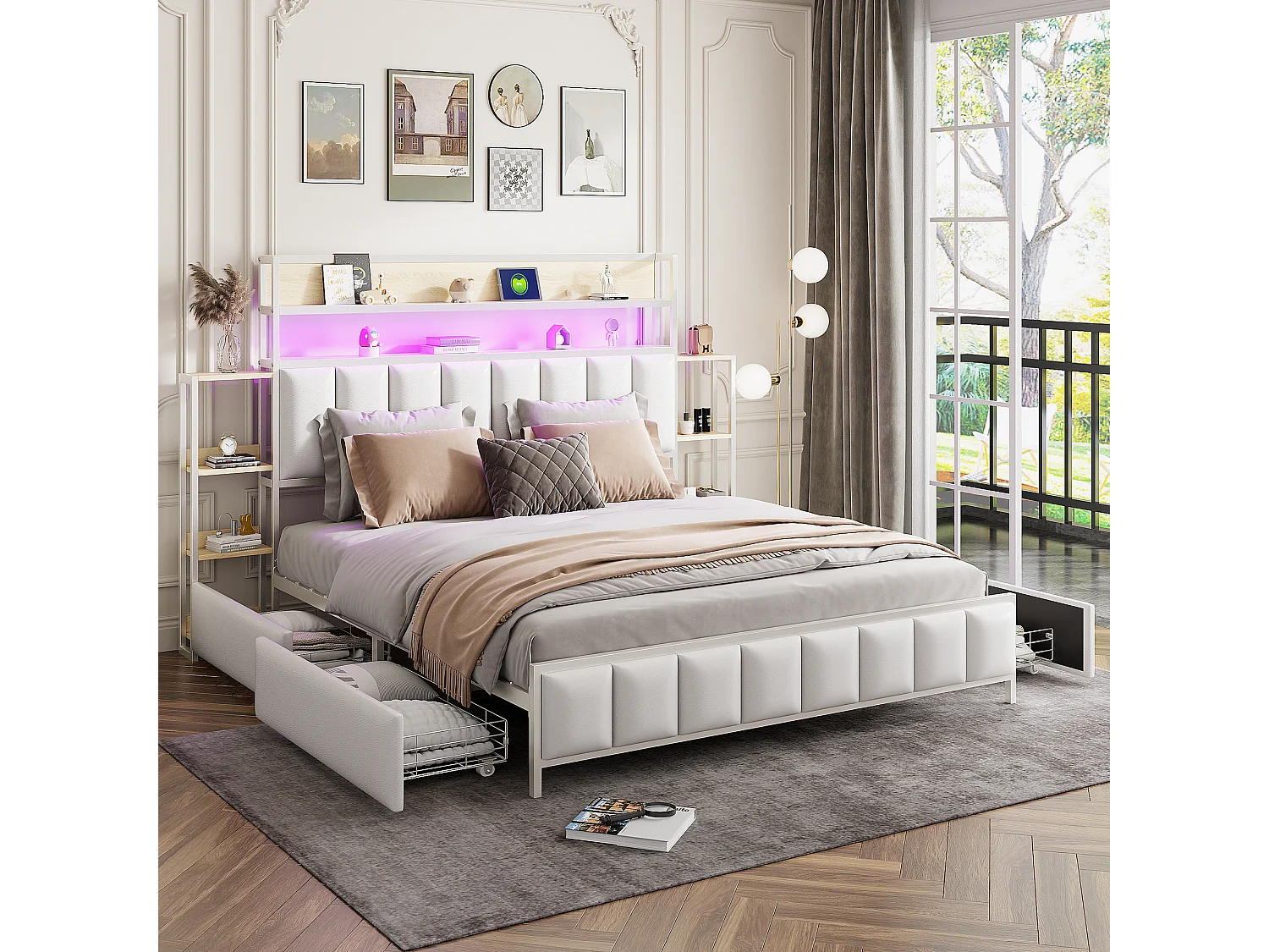 Letto imbottito 160 x 200 cm con 2 cassetti - Similpelle e metallo - Testiera con contenitore e LED - Bianco (senza materasso)