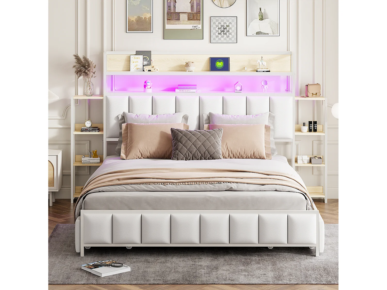 Letto imbottito 160 x 200 cm con 2 cassetti - Similpelle e metallo - Testiera con contenitore e LED - Bianco (senza materasso)