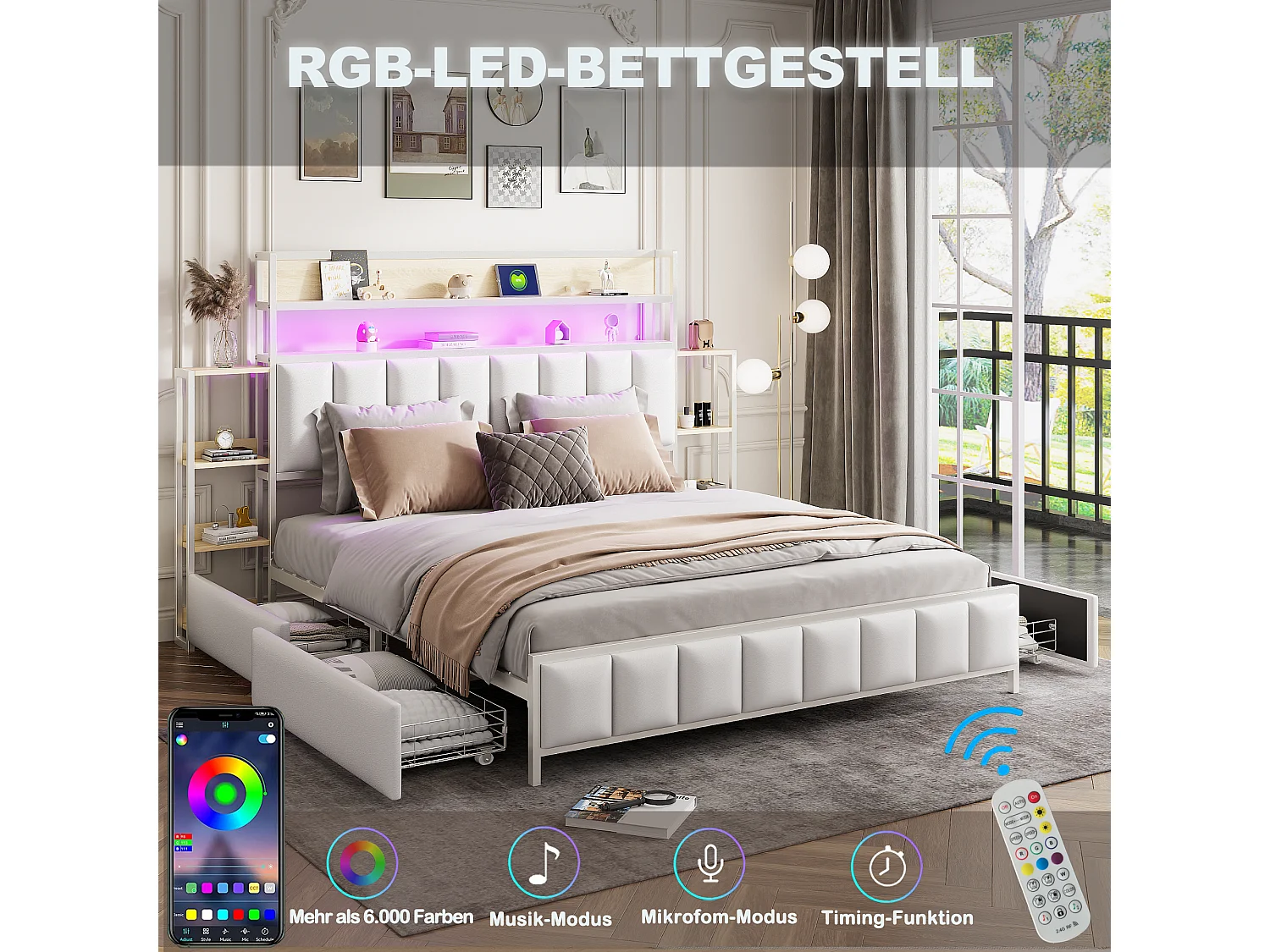 Letto imbottito 160 x 200 cm con 2 cassetti - Similpelle e metallo - Testiera con contenitore e LED - Bianco (senza materasso)