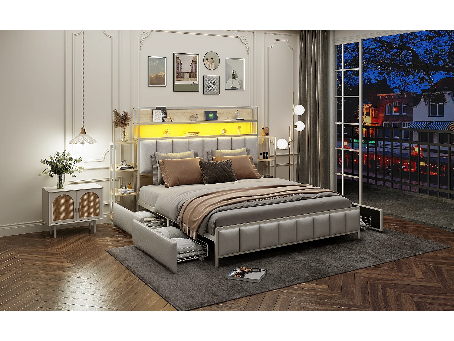 Letto imbottito 160 x 200 cm con 2 cassetti - Similpelle e metallo - Testiera con contenitore e LED - Bianco (senza materasso)