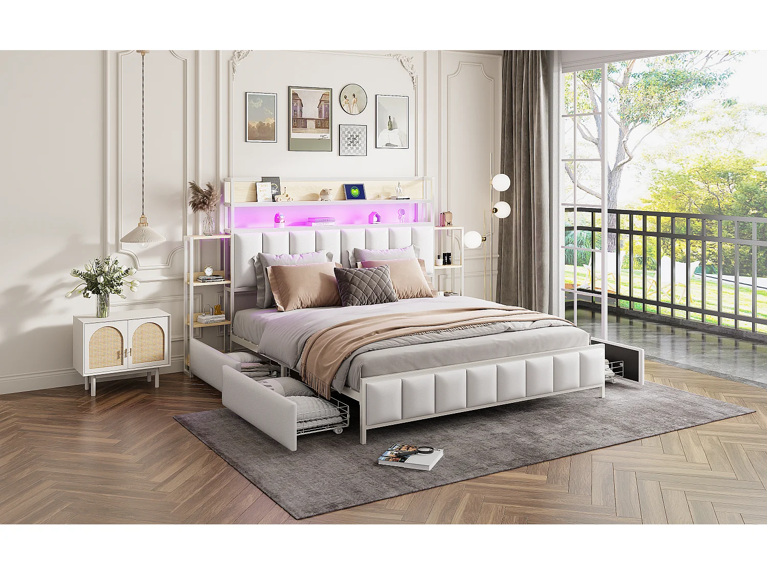 Letto imbottito 160 x 200 cm con 2 cassetti - Similpelle e metallo - Testiera con contenitore e LED - Bianco (senza materasso)