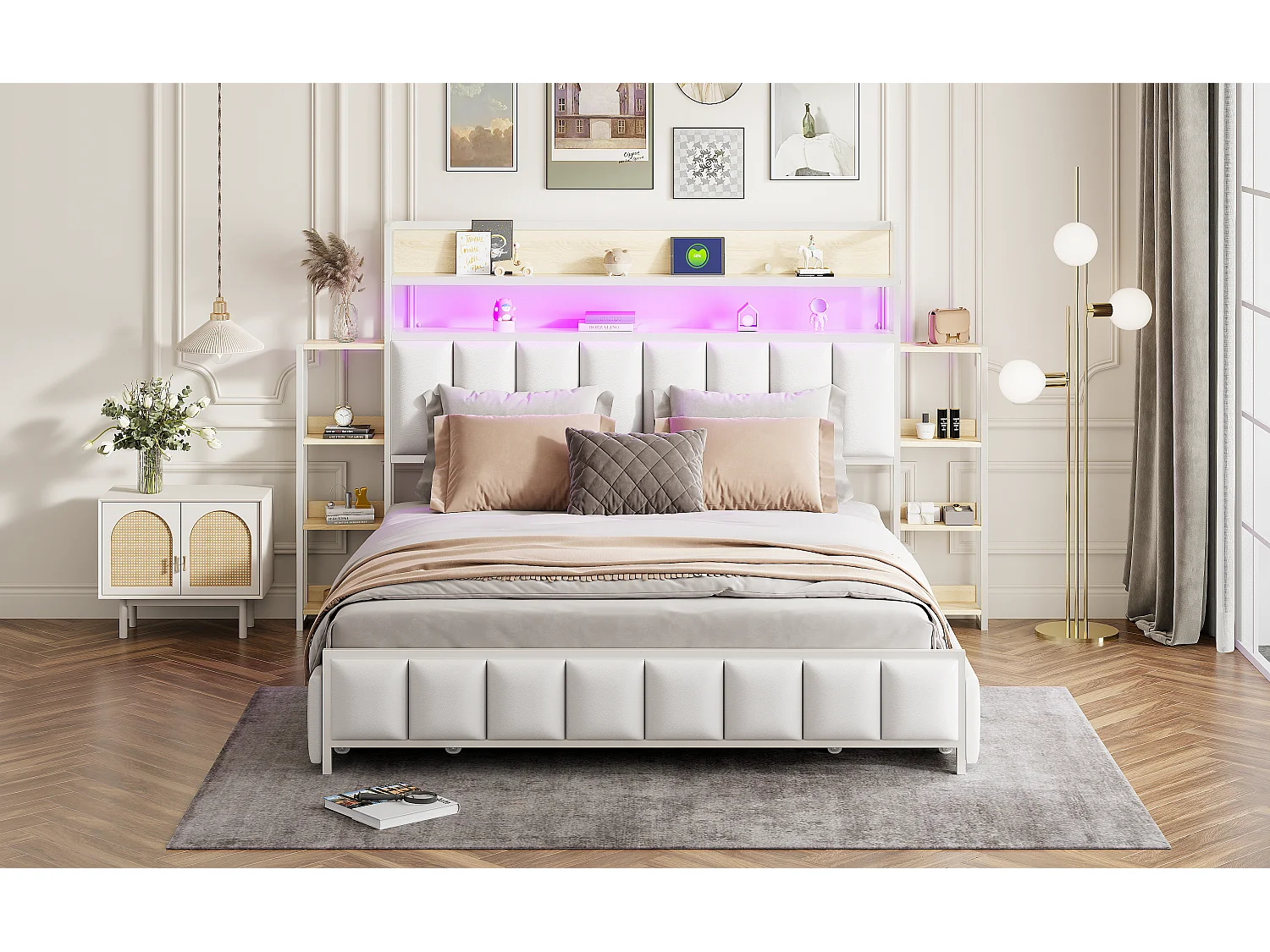 Letto imbottito 160 x 200 cm con 2 cassetti - Similpelle e metallo - Testiera con contenitore e LED - Bianco (senza materasso)