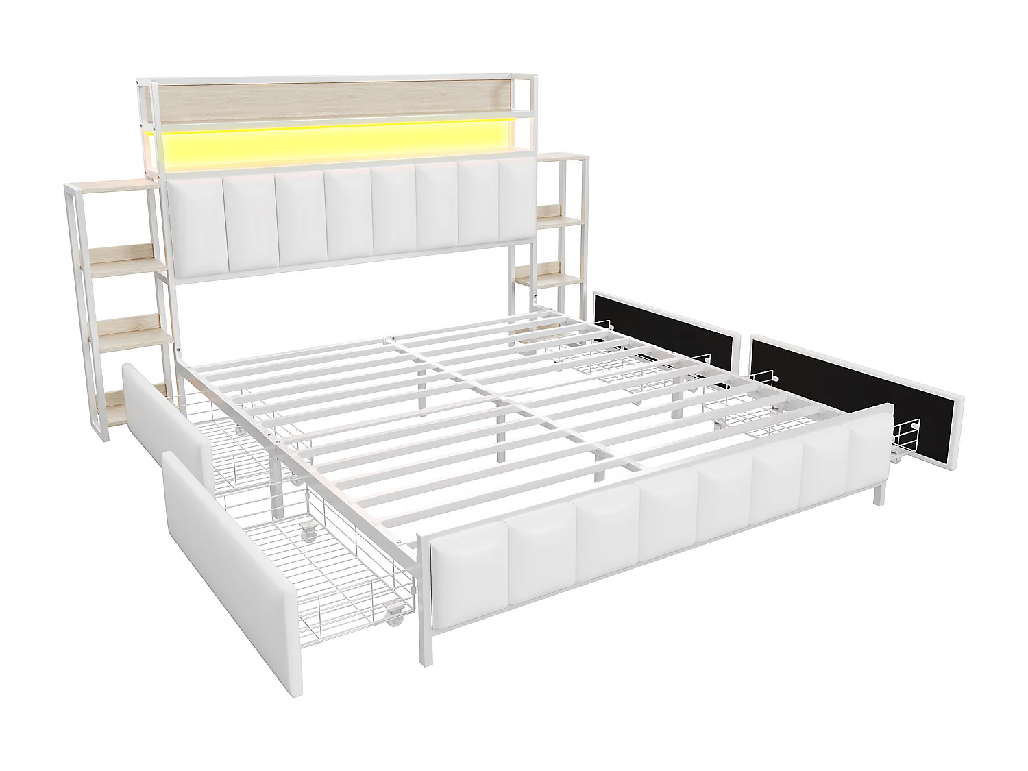 Letto imbottito 160 x 200 cm con 2 cassetti - Similpelle e metallo - Testiera con contenitore e LED - Bianco (senza materasso)