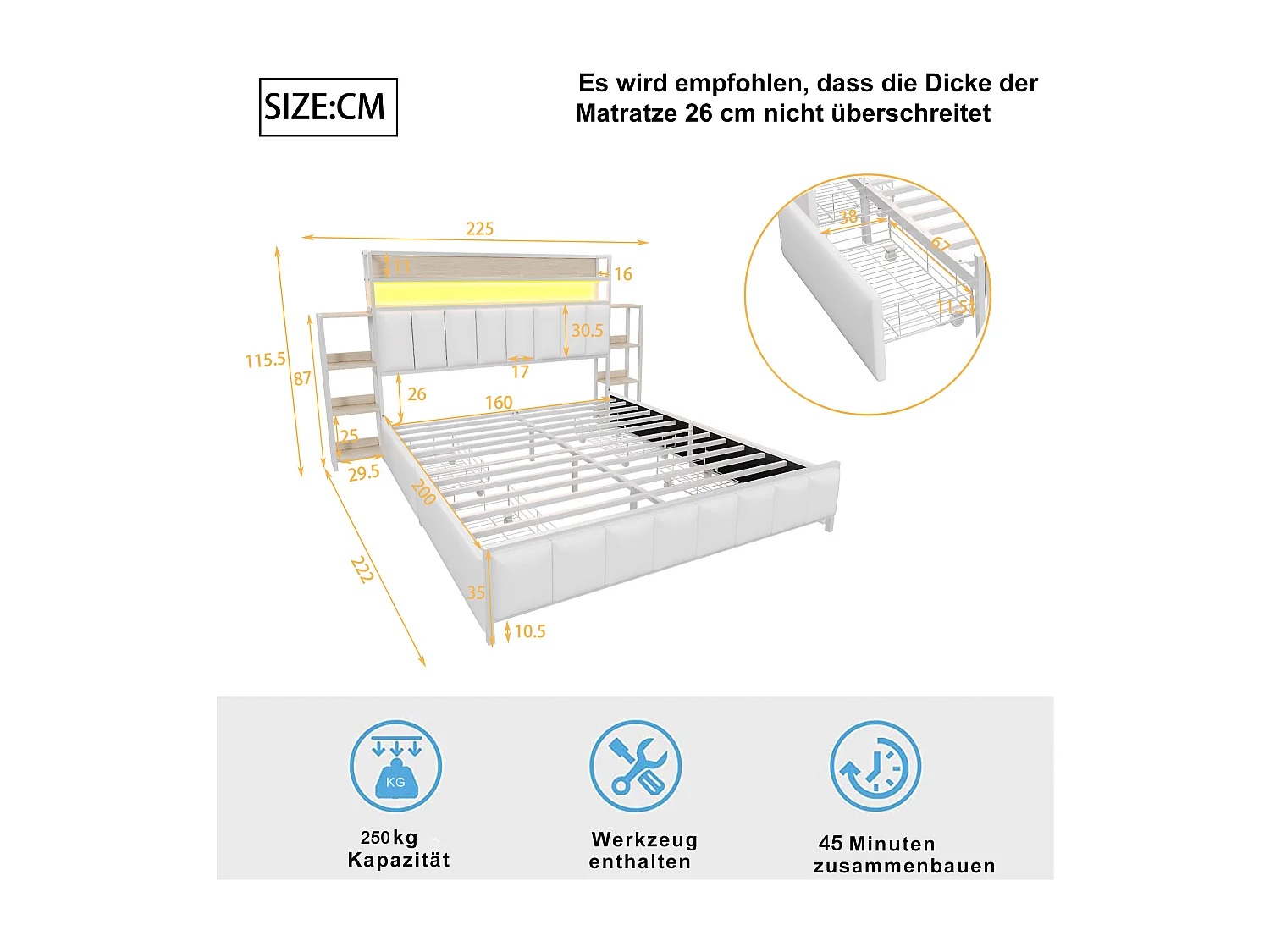 Letto imbottito 160 x 200 cm con 2 cassetti - Similpelle e metallo - Testiera con contenitore e LED - Bianco (senza materasso)