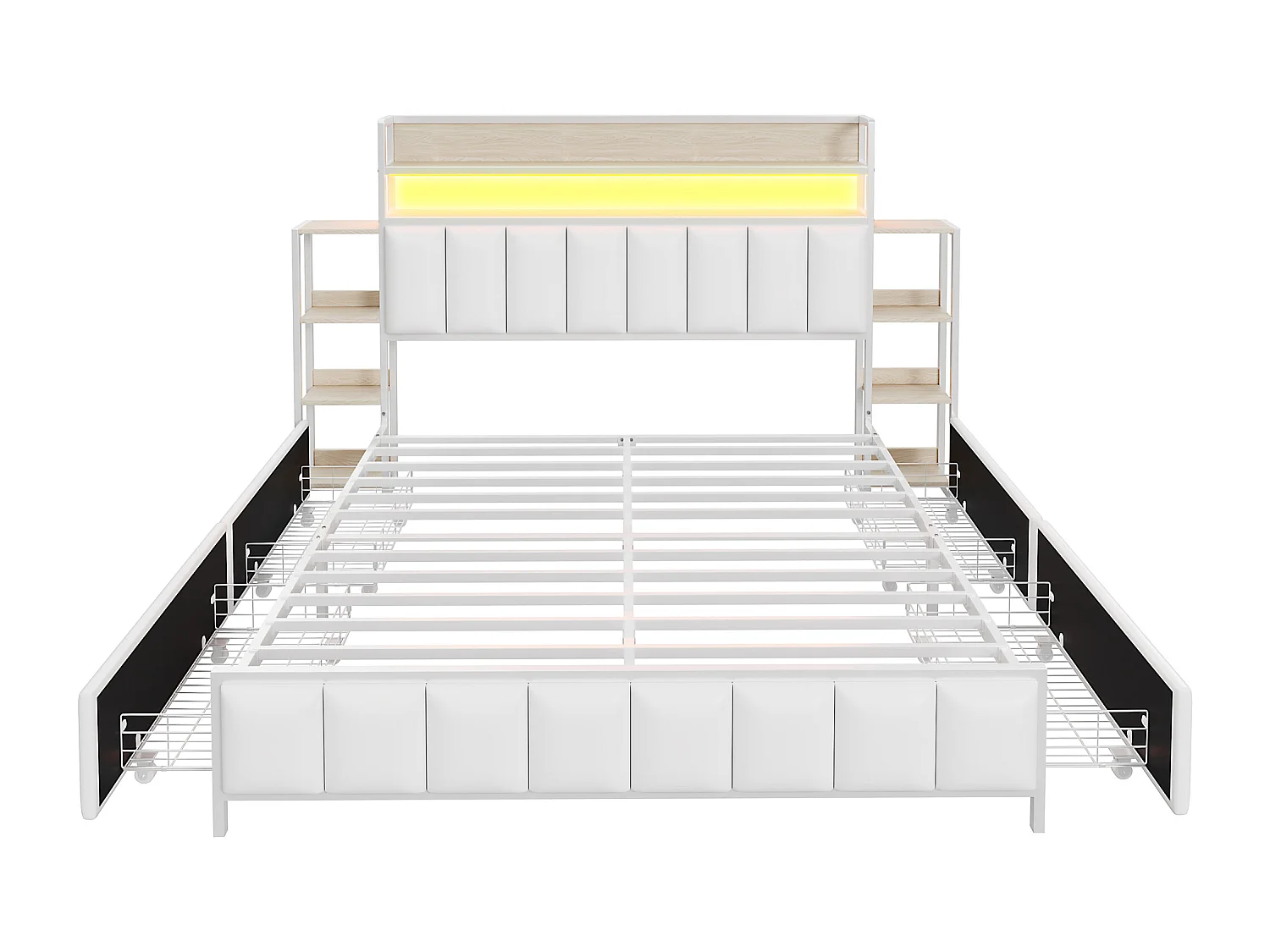 Gestoffeerd bed 160 x 200 cm met 2 lades - Kunstleer en metaal - Hoofdbord met opbergruimte en LED-verlichting - Wit (zonder matras)