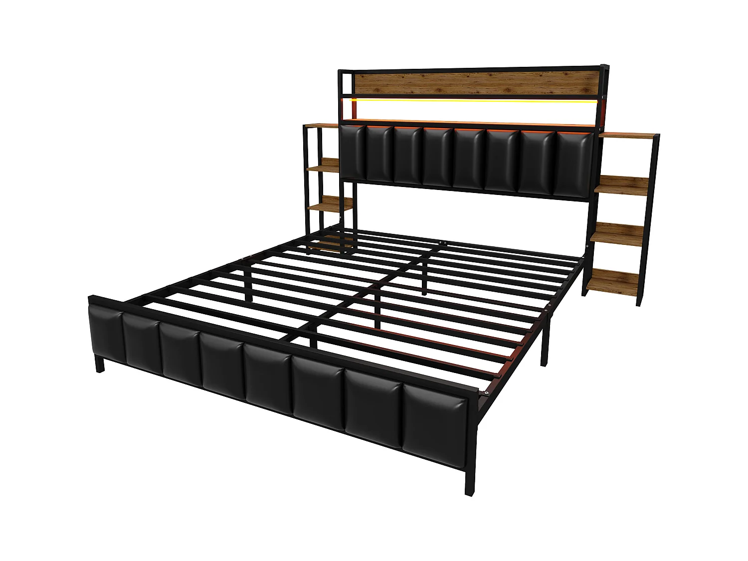 Lit capitonné 160 x 200 cm - Simili cuir et Métal - Tête de lit avec rangements et LEDs - Noir (sans matelas)