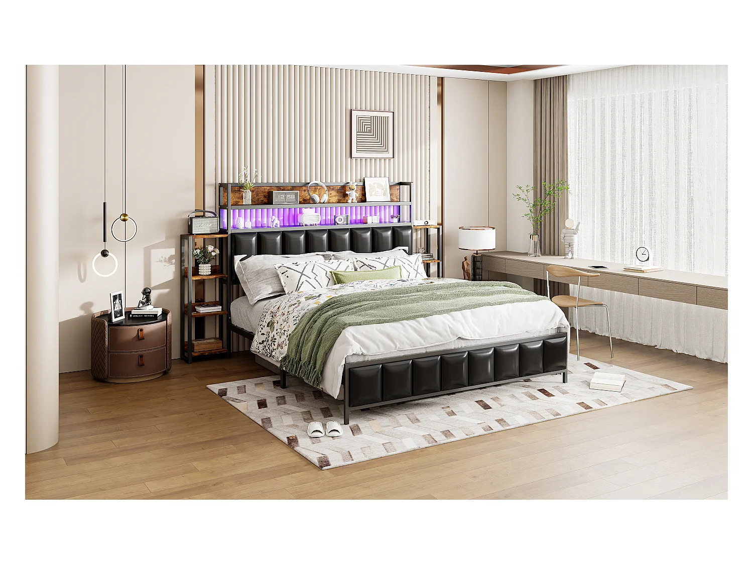 Lit capitonné 160 x 200 cm - Simili cuir et Métal - Tête de lit avec rangements et LEDs - Noir (sans matelas)