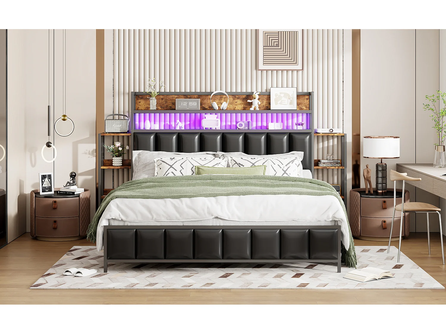 Lit capitonné 160 x 200 cm - Simili cuir et Métal - Tête de lit avec rangements et LEDs - Noir (sans matelas)