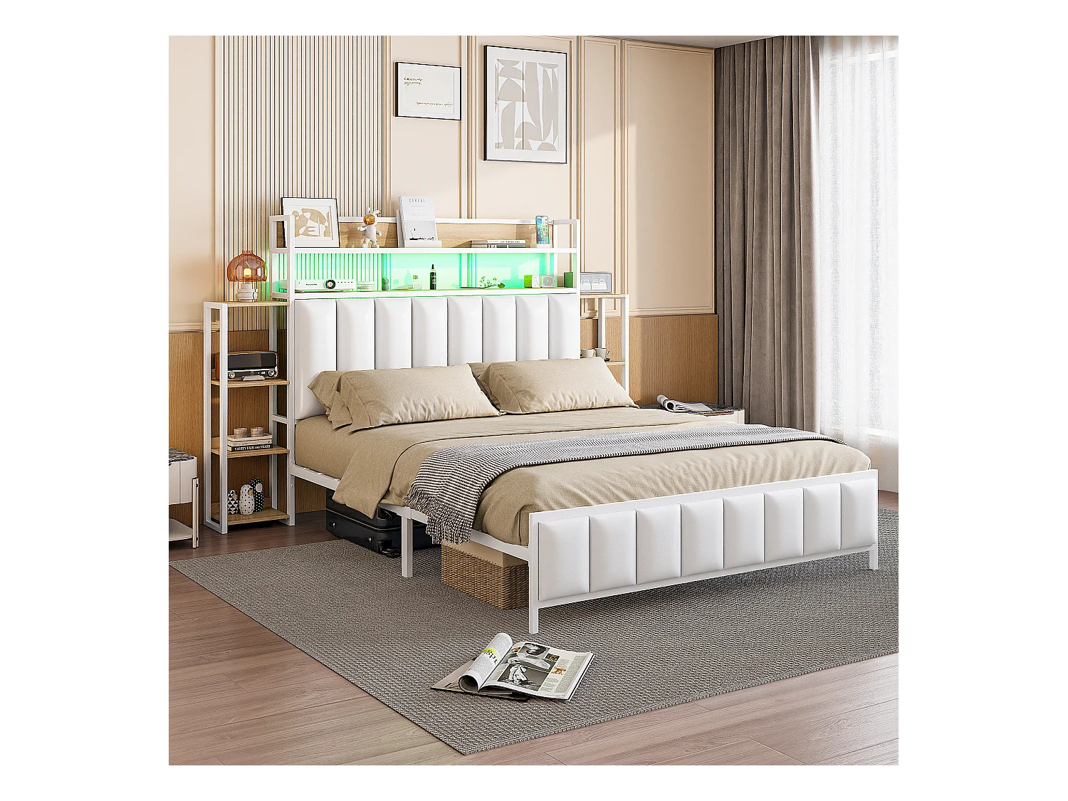 Polsterbett 140 x 200 cm – Kunstleder und Metall – Kopfteil mit Stauraum und LEDs – Weiß (ohne Matratze)