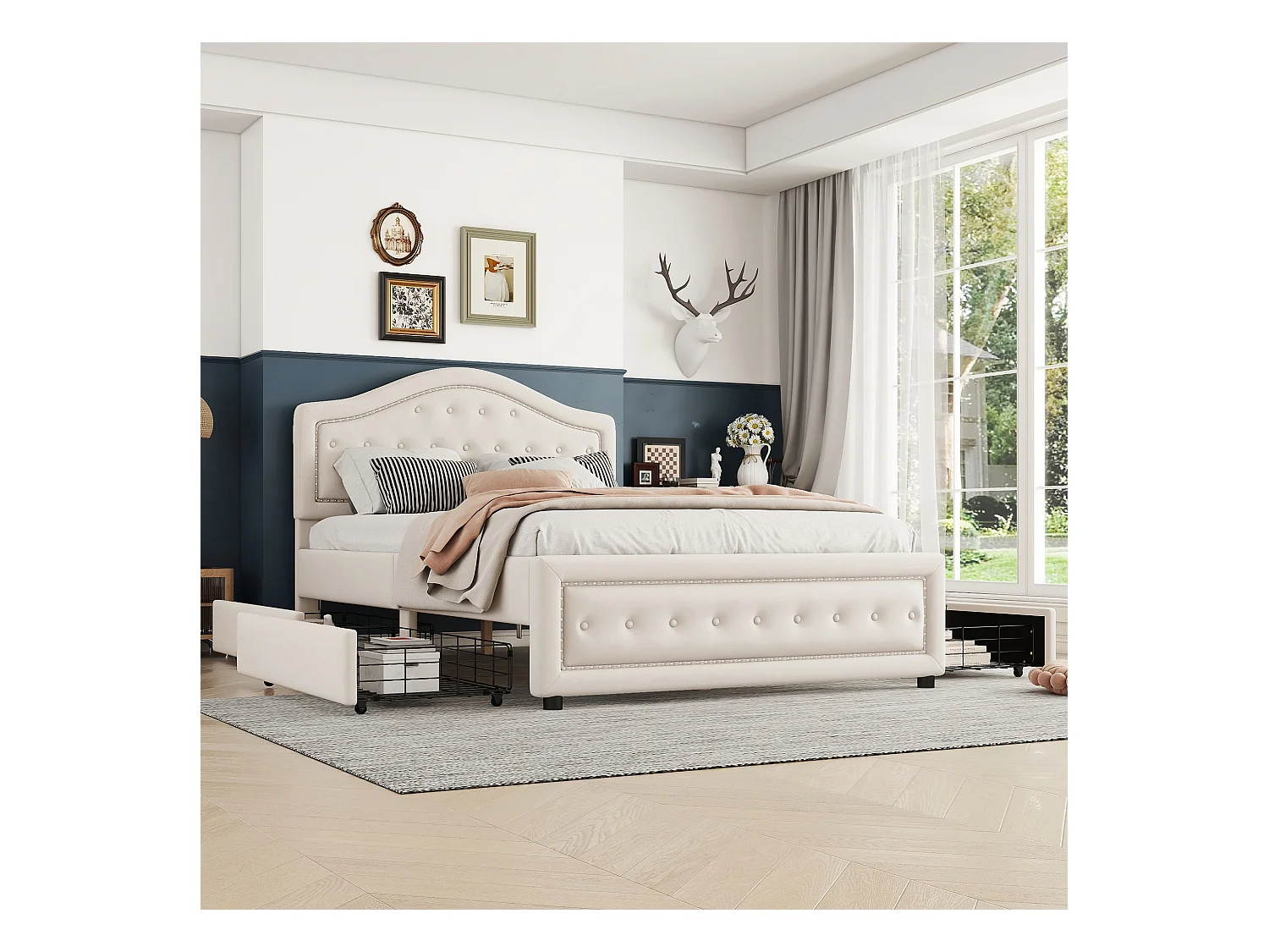 Lit capitonné 140 x 200 cm avec 4 tiroirs et tête de lit - velours - sommier à lattes -beige(sans matelas)