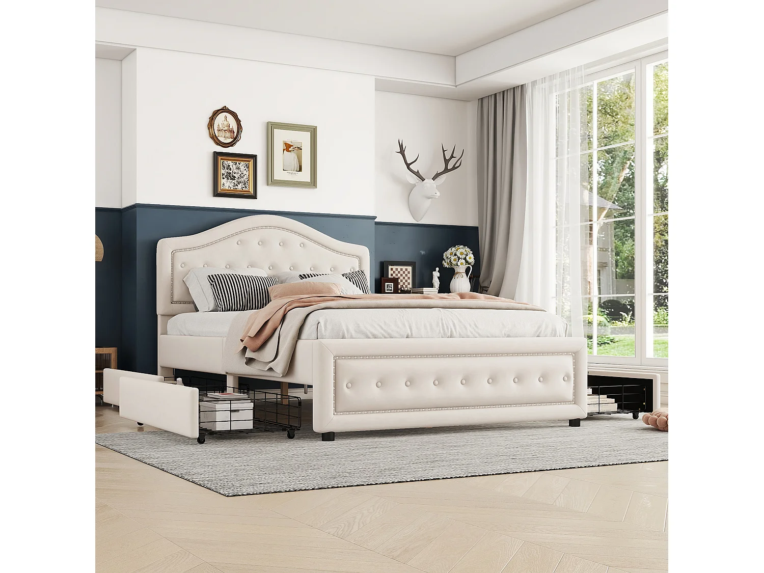 Lit capitonné 140 x 200 cm avec 4 tiroirs et tête de lit - velours - sommier à lattes -beige(sans matelas)