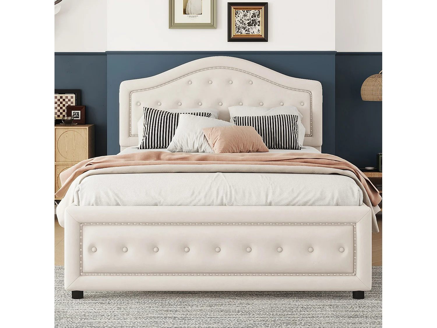 Lit capitonné 140 x 200 cm avec 4 tiroirs et tête de lit - velours - sommier à lattes -beige(sans matelas)