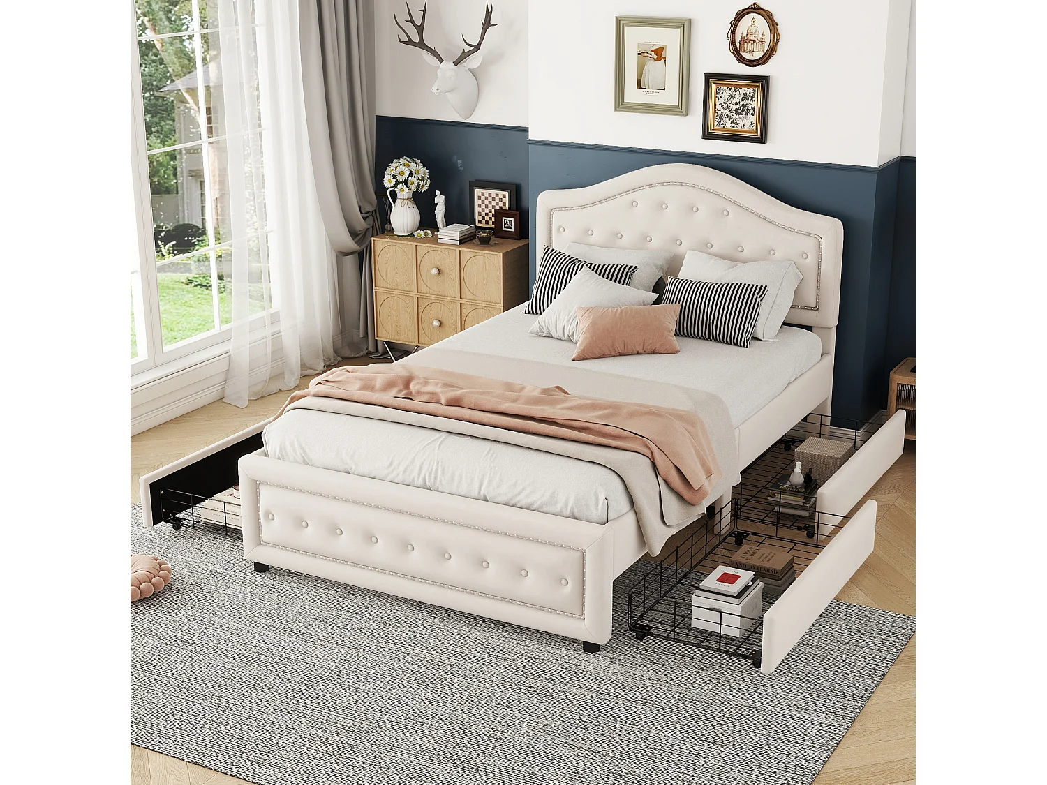 Lit capitonné 140 x 200 cm avec 4 tiroirs et tête de lit - velours - sommier à lattes -beige(sans matelas)