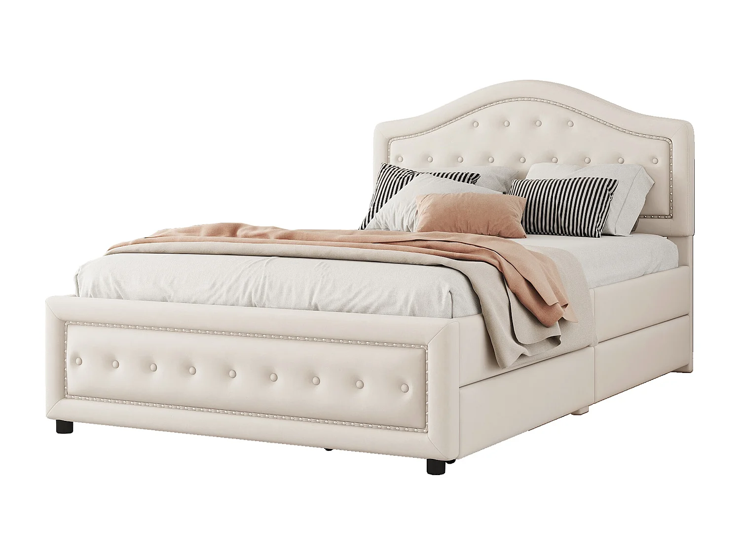 Lit capitonné 140 x 200 cm avec 4 tiroirs et tête de lit - velours - sommier à lattes -beige(sans matelas)