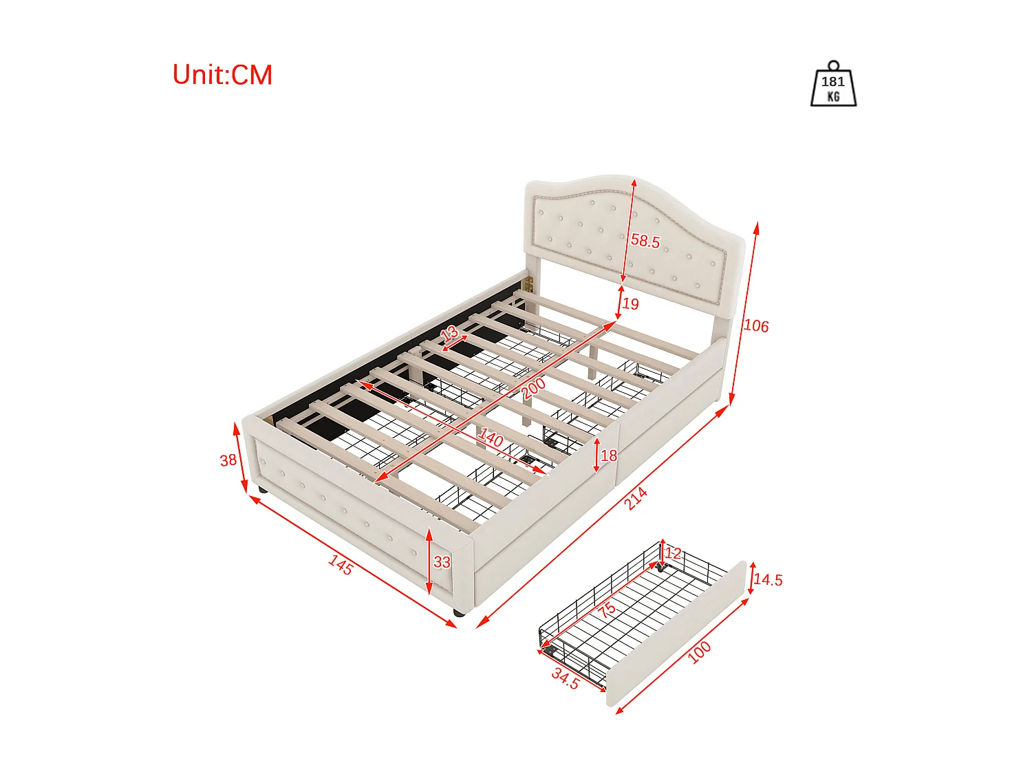Lit capitonné 140 x 200 cm avec 4 tiroirs et tête de lit - velours - sommier à lattes -beige(sans matelas)