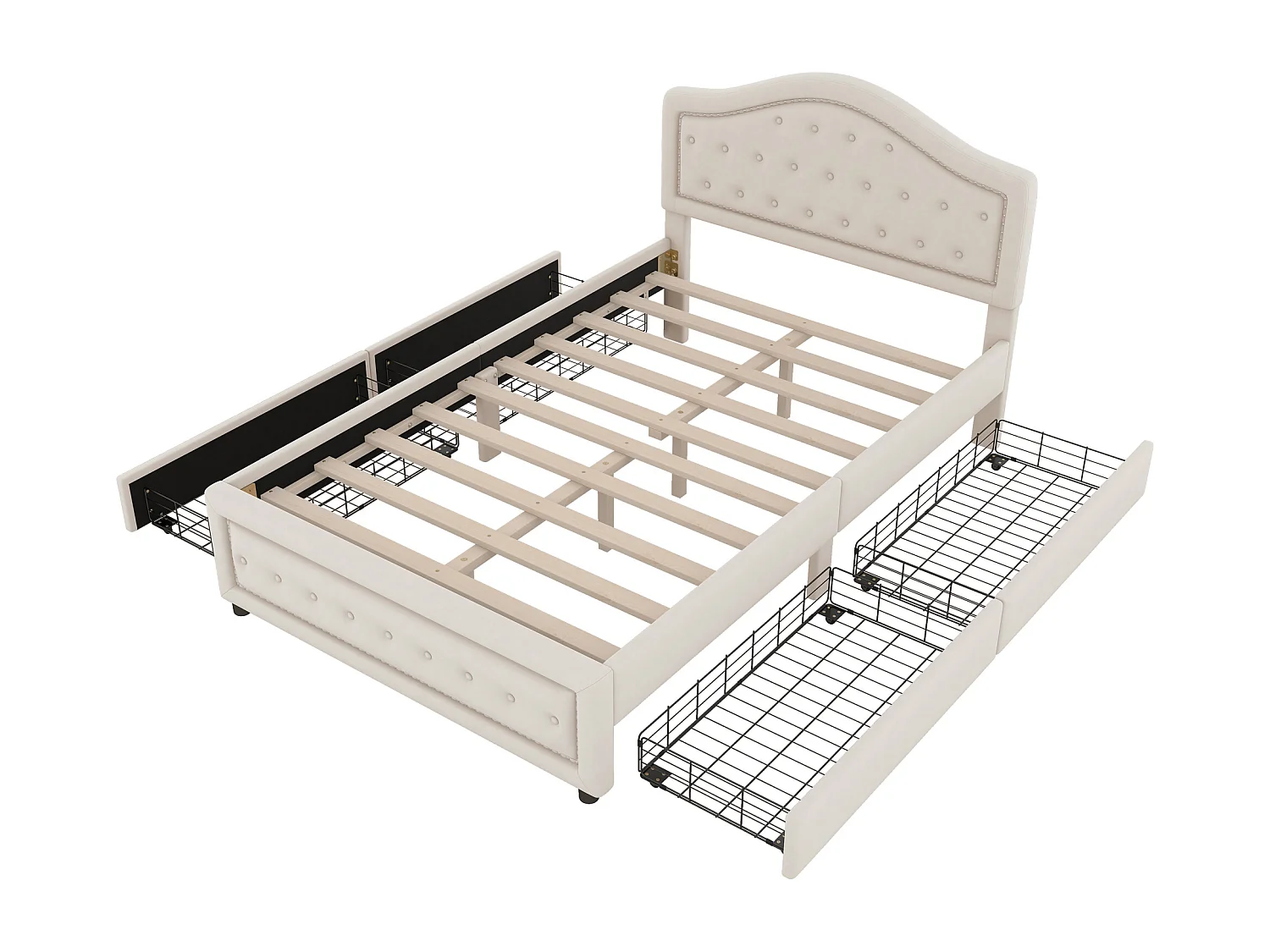 Lit capitonné 140 x 200 cm avec 4 tiroirs et tête de lit - velours - sommier à lattes -beige(sans matelas)