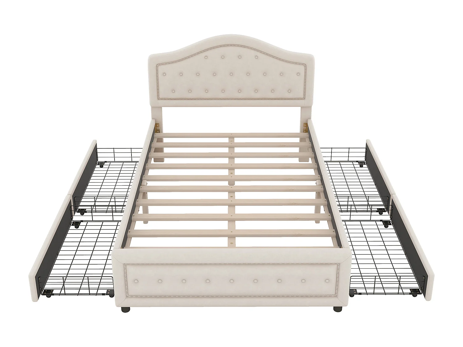 Lit capitonné 140 x 200 cm avec 4 tiroirs et tête de lit - velours - sommier à lattes -beige(sans matelas)