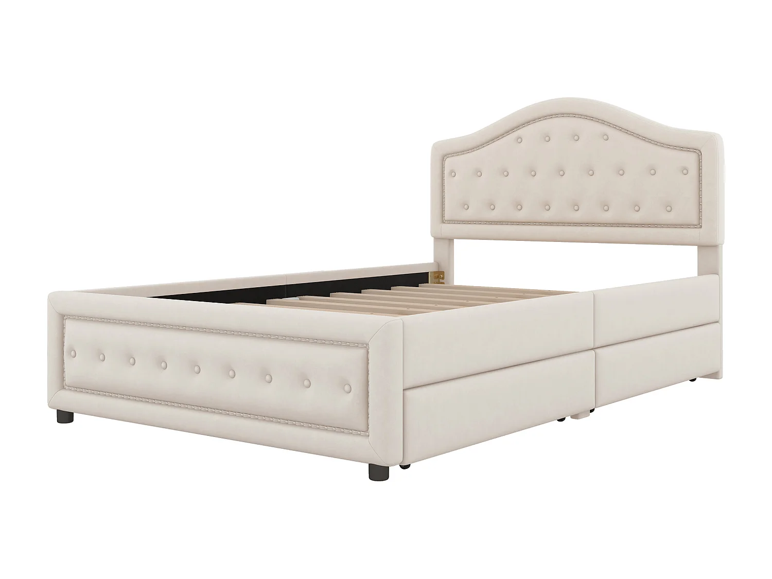 Lit capitonné 140 x 200 cm avec 4 tiroirs et tête de lit - velours - sommier à lattes -beige(sans matelas)