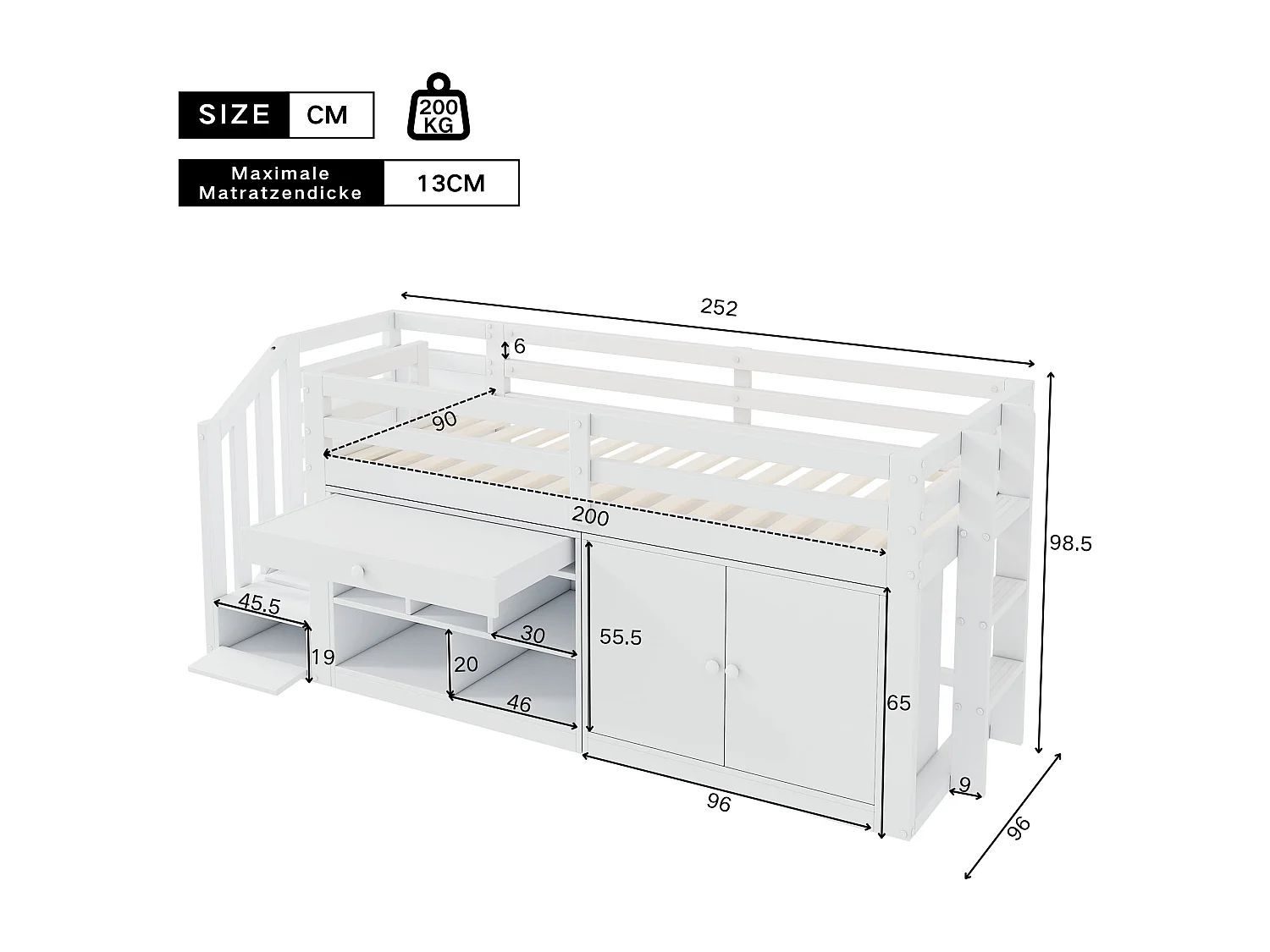 Cama multifuncional 90x200 cm con 2 puertas, 3 cajones y armario - madera maciza - blanco (sin colchón)