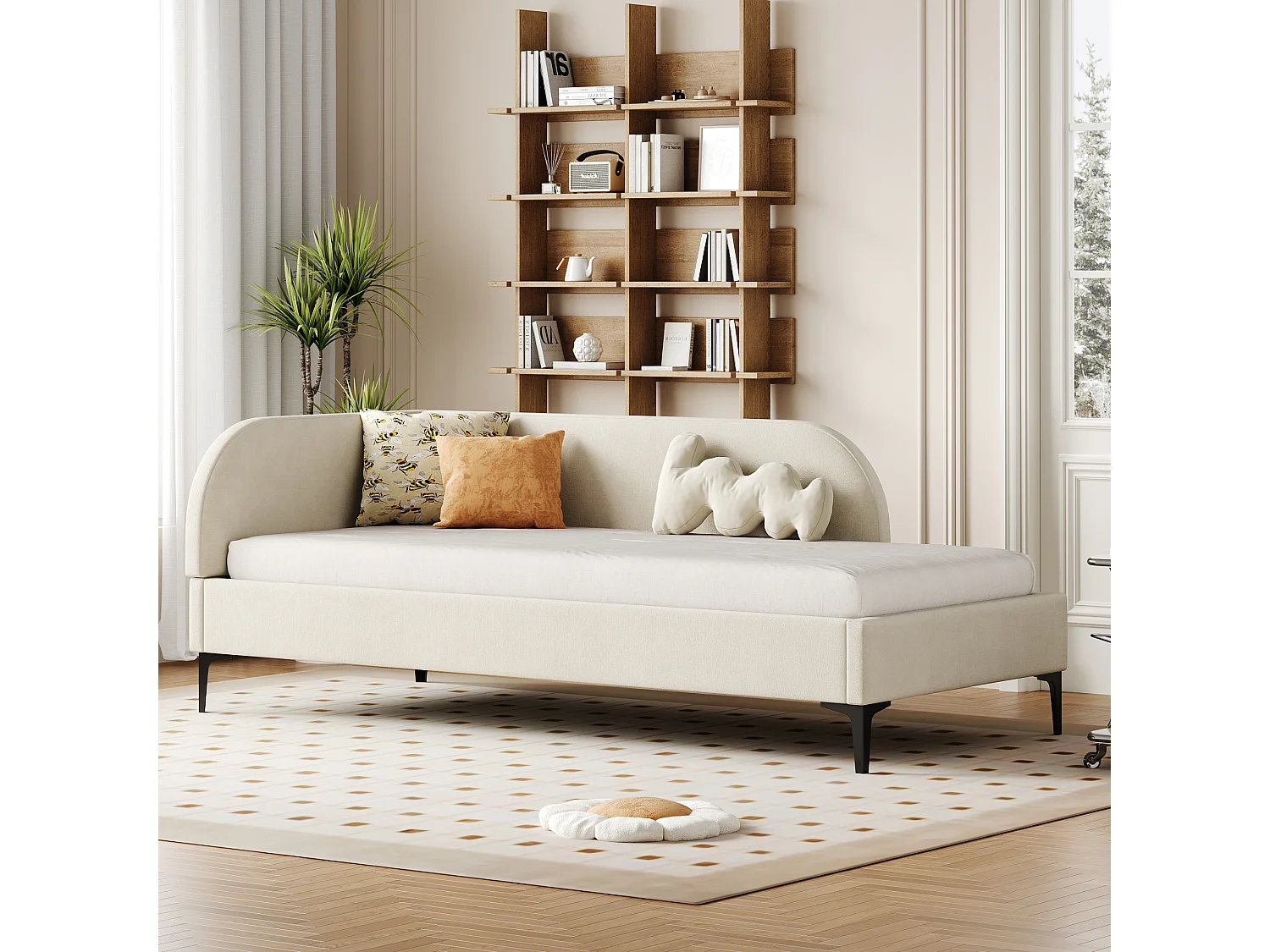 Gestoffeerd bed 90 x 200 cm met hoofdbord, slaapbank - Fluweel - Lattenbodem - Beige (zonder matras)