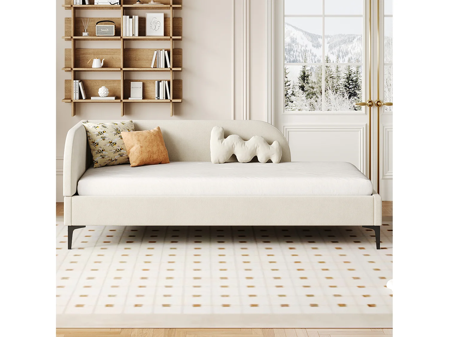 Gestoffeerd bed 90 x 200 cm met hoofdbord, slaapbank - Fluweel - Lattenbodem - Beige (zonder matras)