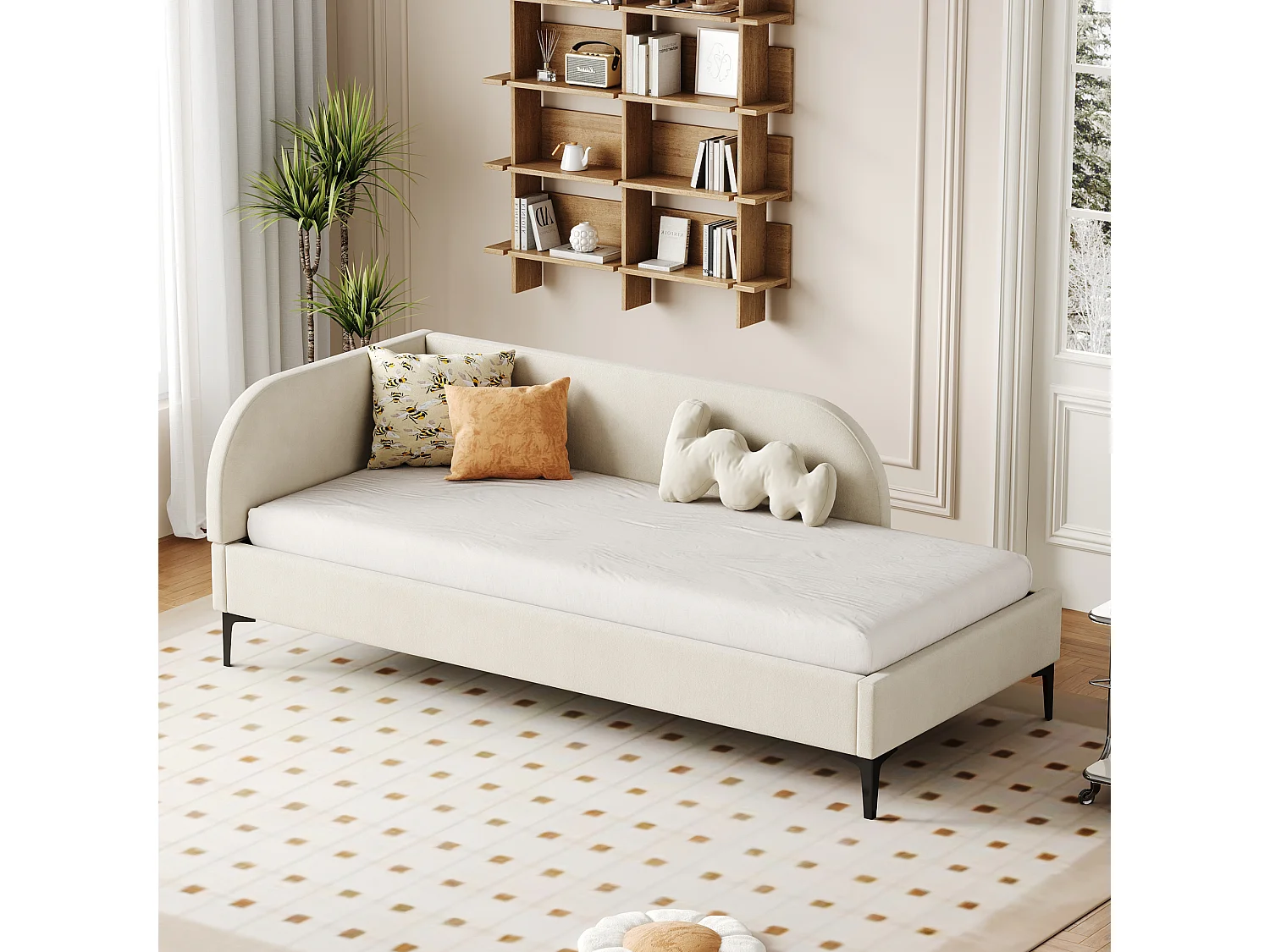 Gestoffeerd bed 90 x 200 cm met hoofdbord, slaapbank - Fluweel - Lattenbodem - Beige (zonder matras)