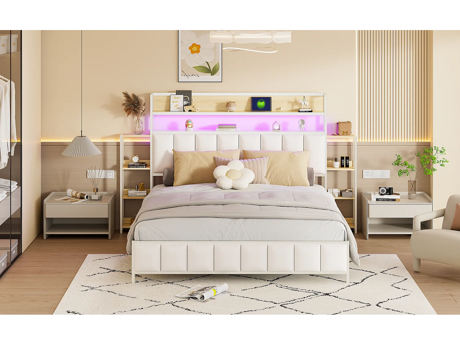 Lit capitonné 160 x 200 cm - Simili cuir et Métal - Tête de lit avec rangements et LEDs - Blanc (sans matelas)