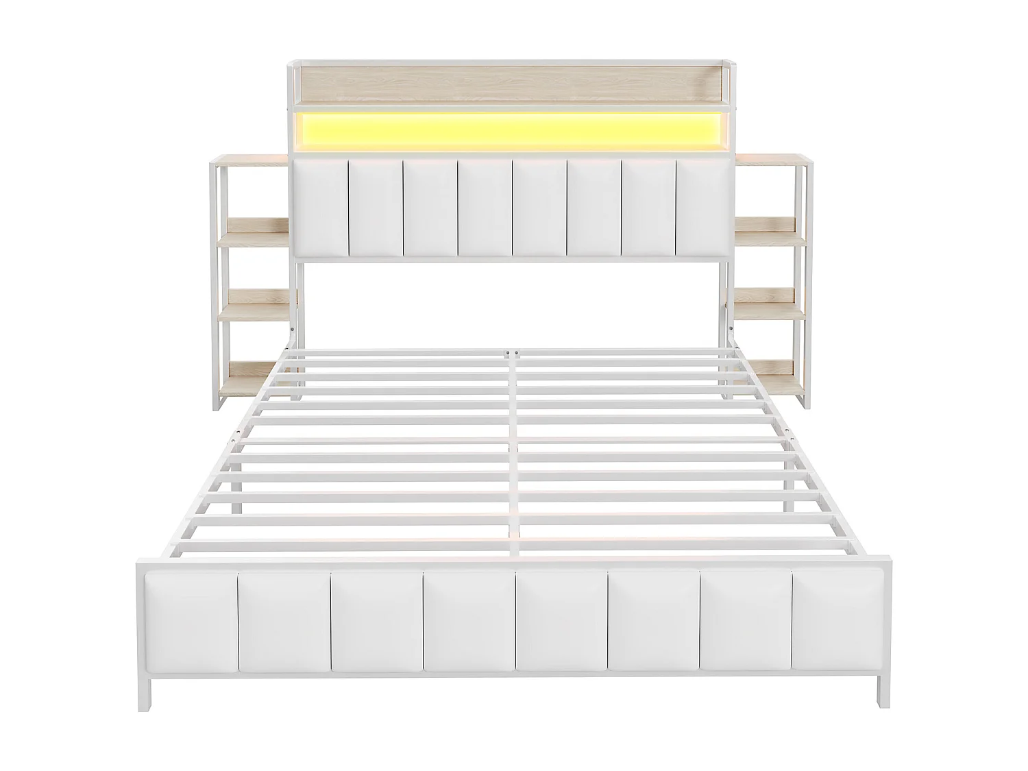 Lit capitonné 160 x 200 cm - Simili cuir et Métal - Tête de lit avec rangements et LEDs - Blanc (sans matelas)