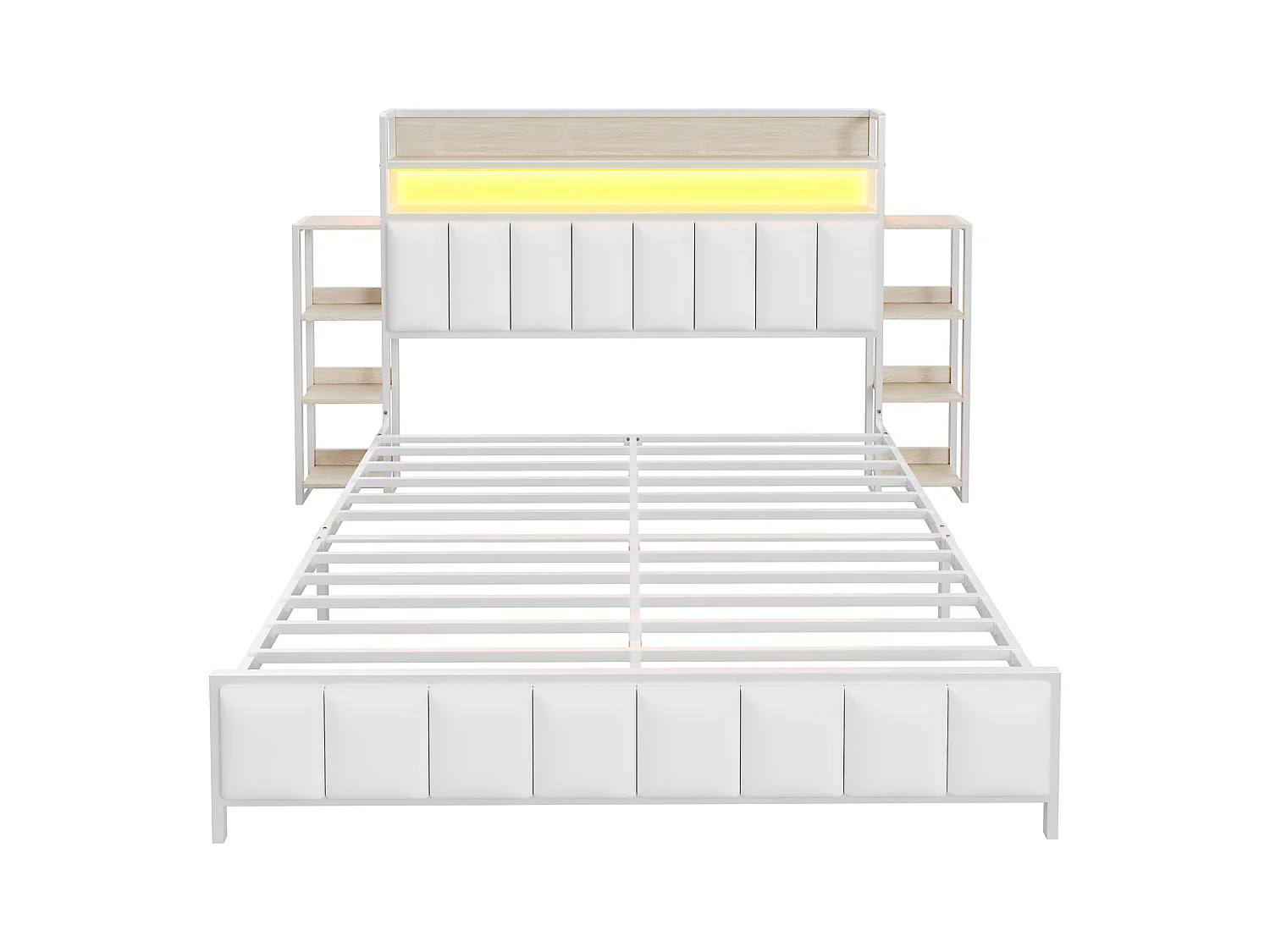 Lit capitonné 160 x 200 cm - Simili cuir et Métal - Tête de lit avec rangements et LEDs - Blanc (sans matelas)