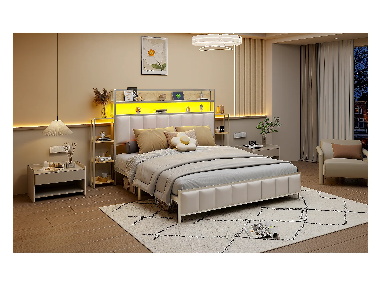 Lit capitonné 160 x 200 cm - Simili cuir et Métal - Tête de lit avec rangements et LEDs - Blanc (sans matelas)