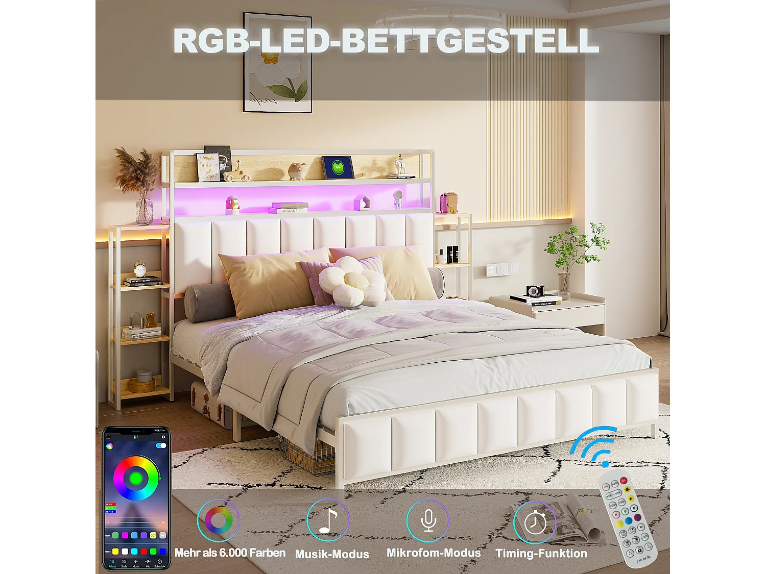 Lit capitonné 160 x 200 cm - Simili cuir et Métal - Tête de lit avec rangements et LEDs - Blanc (sans matelas)