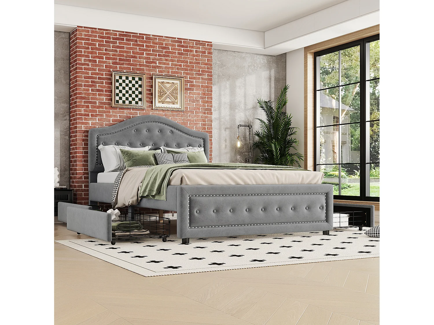 Gestoffeerd bed 140 x 200 cm met 4 lades en hoofdbord - fluweel - lattenbodem - grijs (zonder matras)