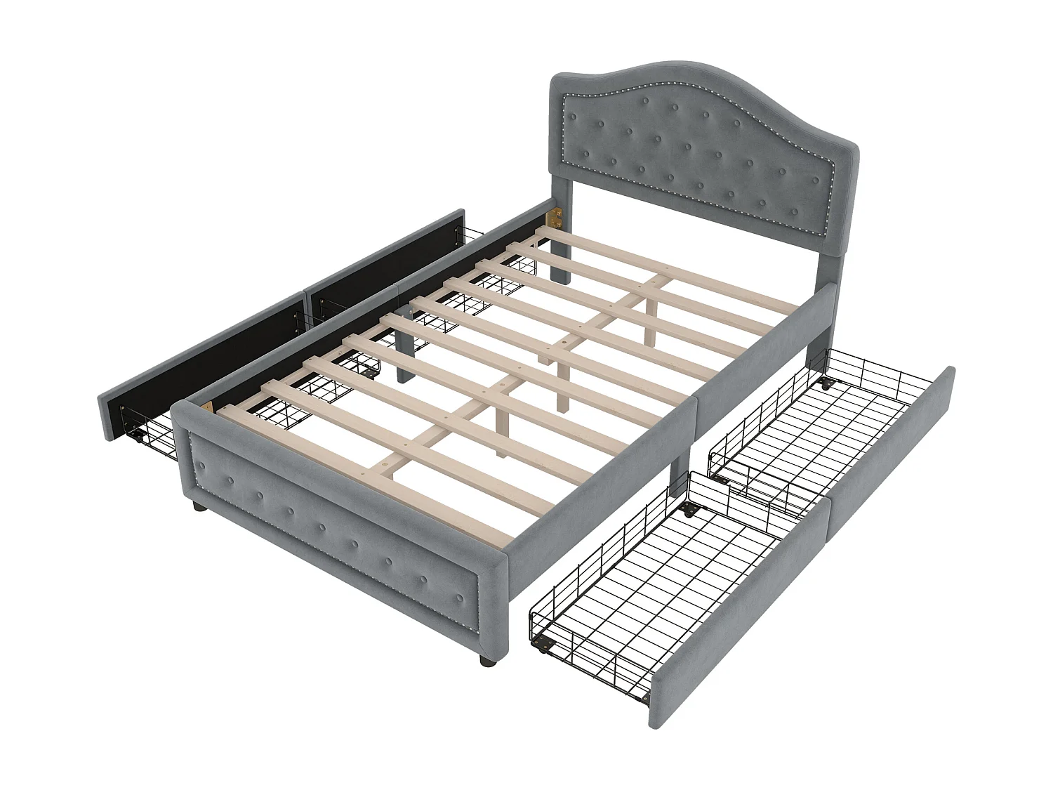 Gestoffeerd bed 140 x 200 cm met 4 lades en hoofdbord - fluweel - lattenbodem - grijs (zonder matras)