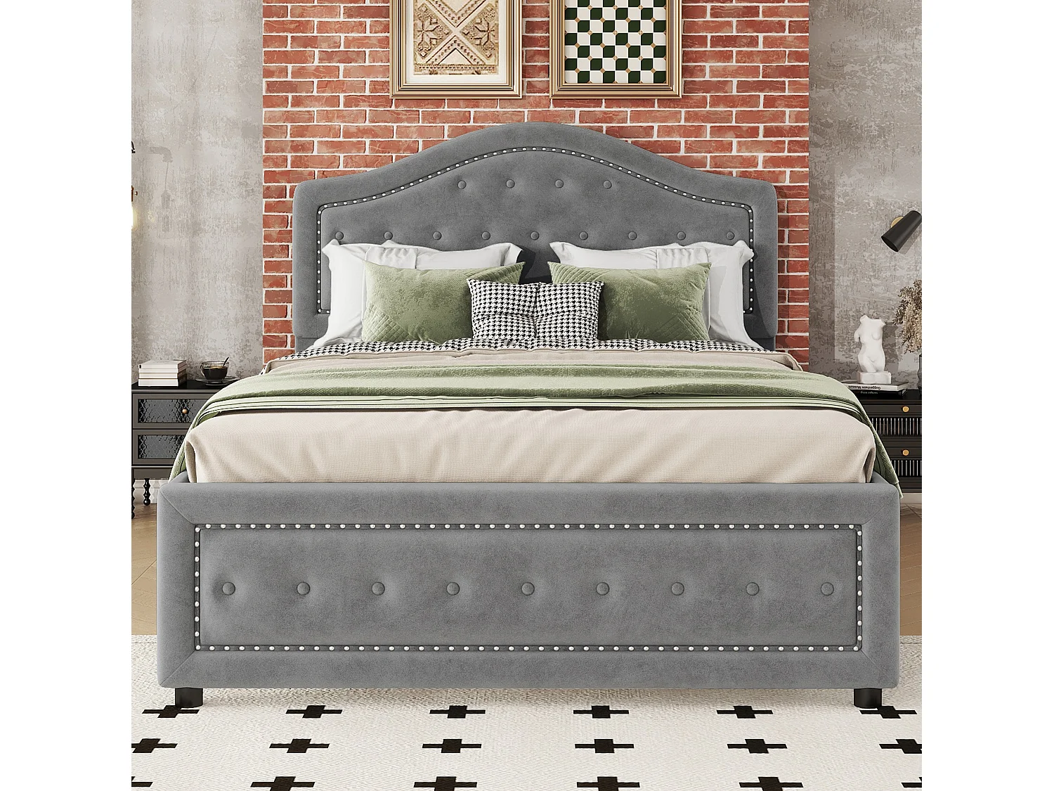 Gestoffeerd bed 140 x 200 cm met 4 lades en hoofdbord - fluweel - lattenbodem - grijs (zonder matras)