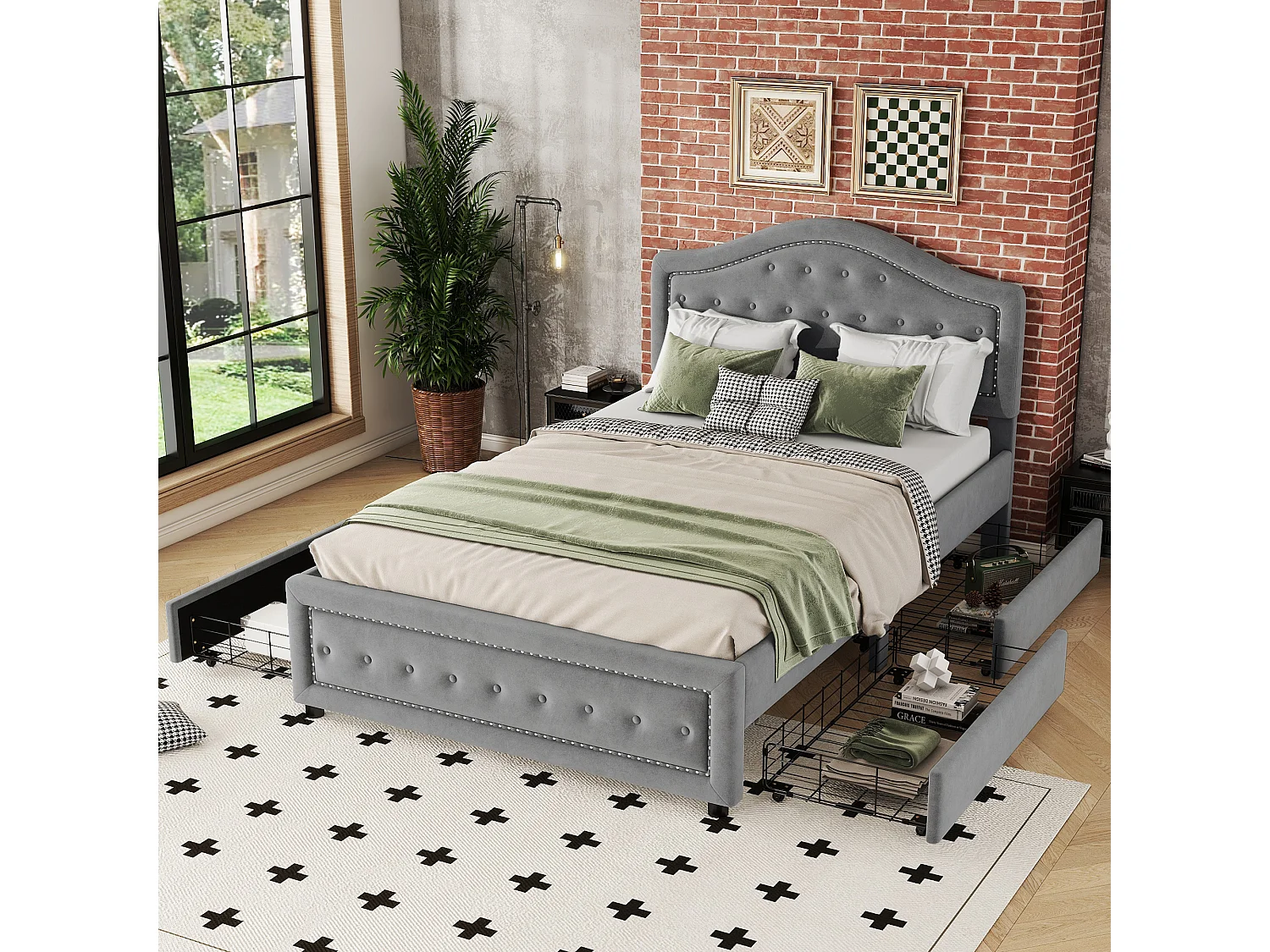 Gestoffeerd bed 140 x 200 cm met 4 lades en hoofdbord - fluweel - lattenbodem - grijs (zonder matras)