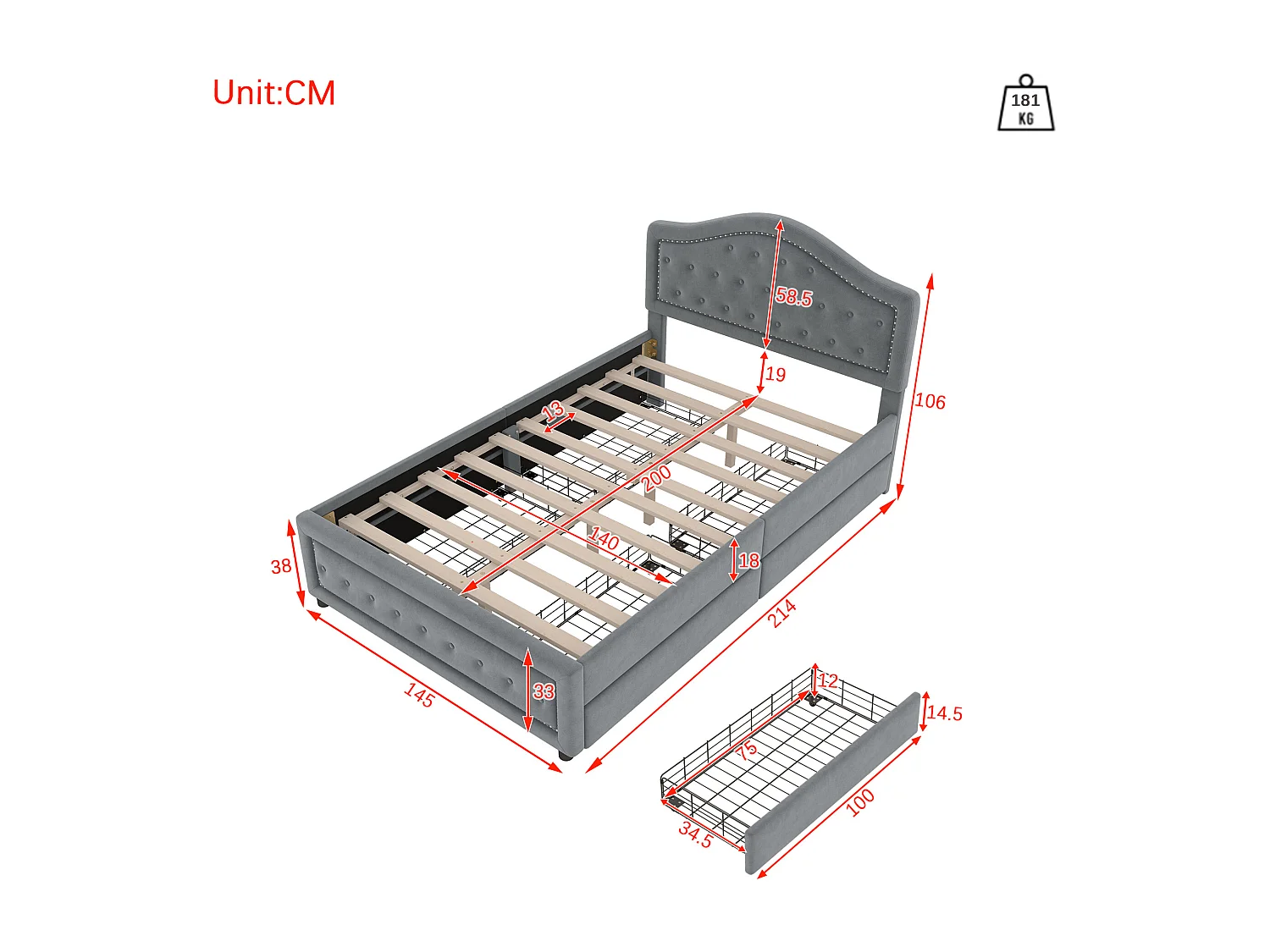 Gestoffeerd bed 140 x 200 cm met 4 lades en hoofdbord - fluweel - lattenbodem - grijs (zonder matras)