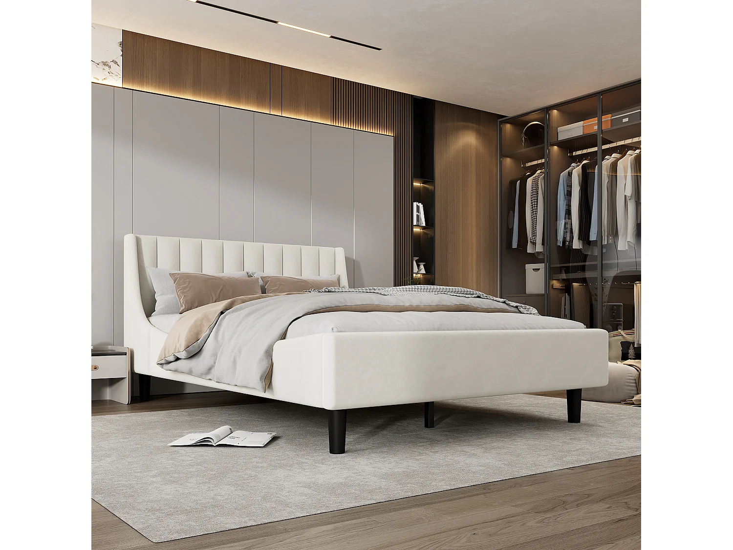 Gestoffeerd bed 140 x 200 met hoofdbord - fluweel - lattenbodem - beige (zonder matras)