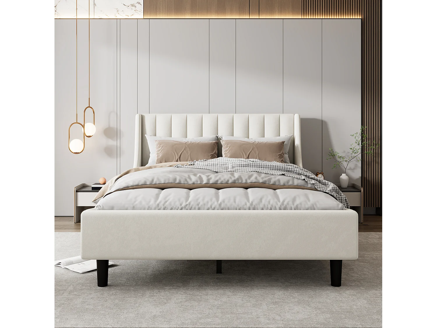 Gestoffeerd bed 140 x 200 met hoofdbord - fluweel - lattenbodem - beige (zonder matras)