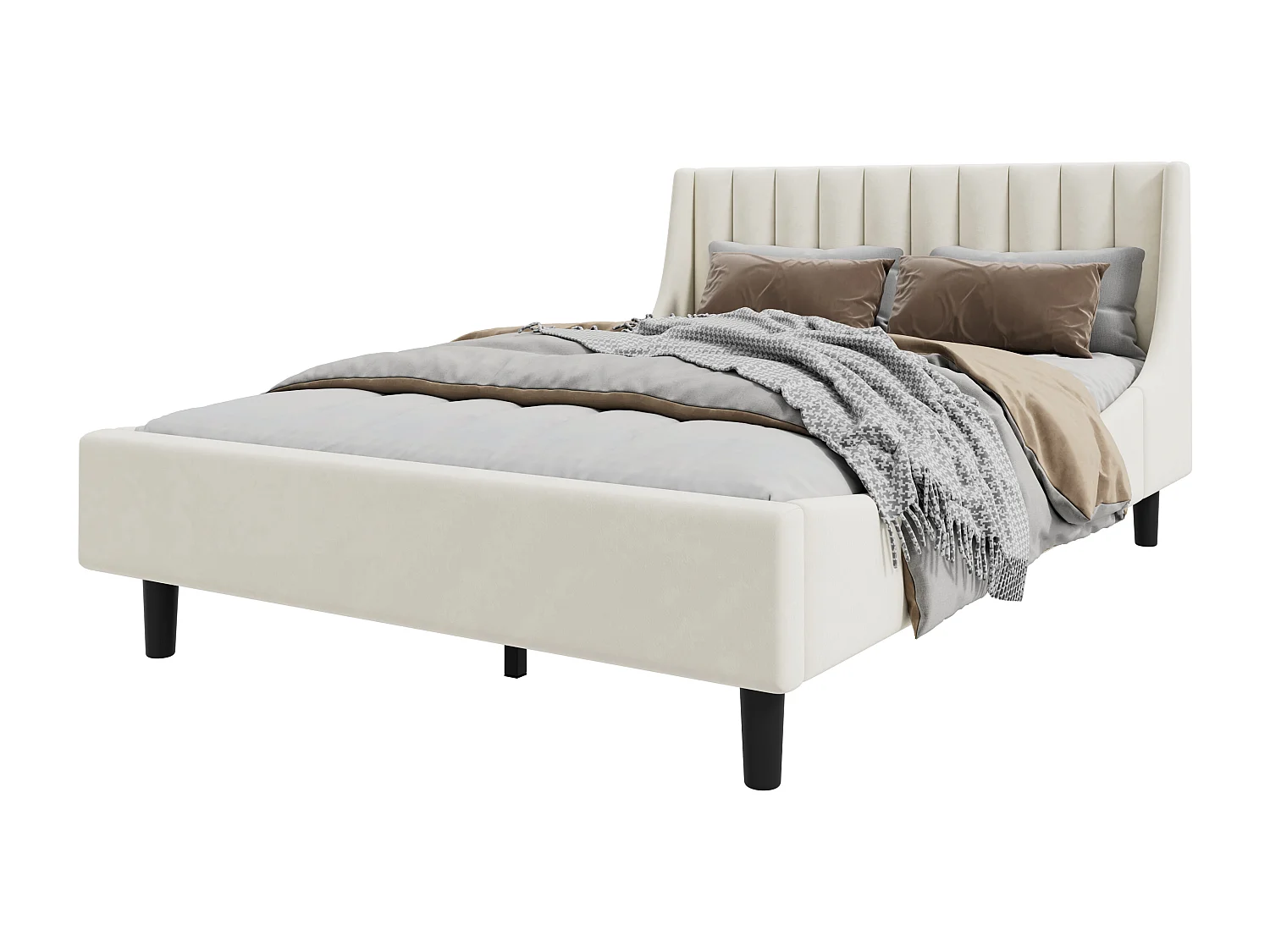 Gestoffeerd bed 140 x 200 met hoofdbord - fluweel - lattenbodem - beige (zonder matras)