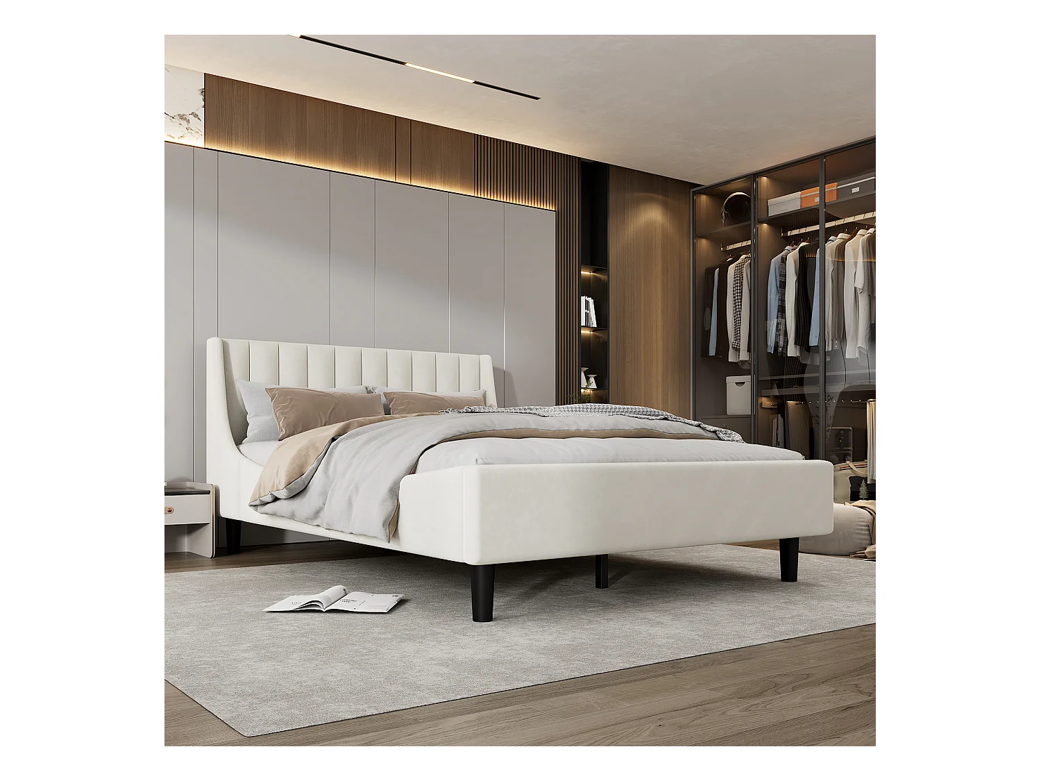 Lit capitonné 140 x 200 avec tête de lit - velours - sommier à lattes - beige (sans matelas)