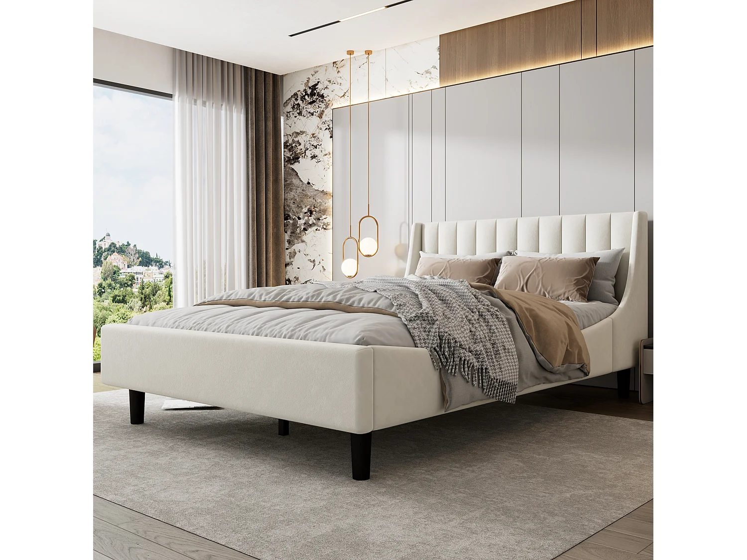 Cama estofada 140 x 200 com cabeceira - veludo - base de ripas - bege (sem colchão)